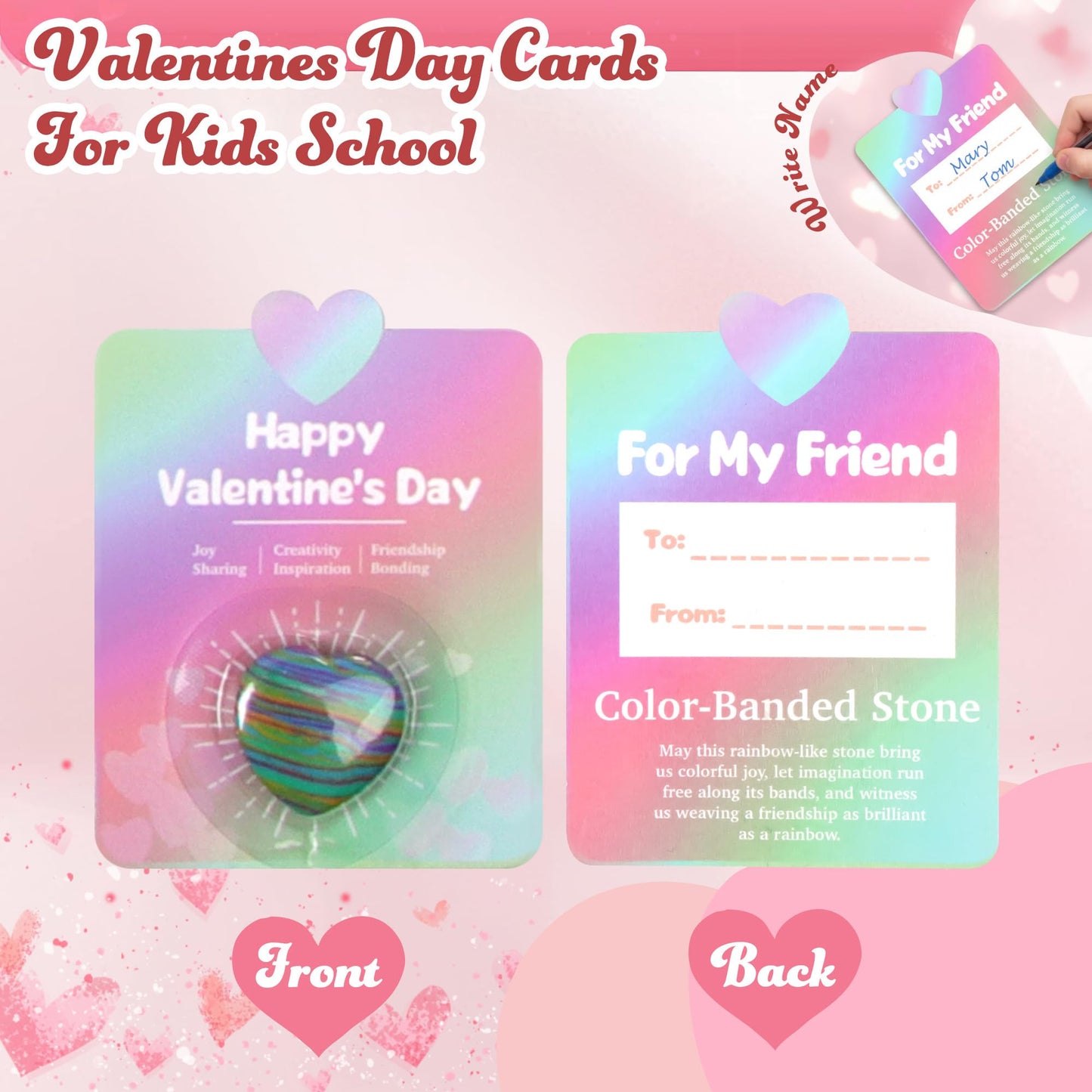 Fopxuni Valentines Day Cards for Kids with 28 Natural Crystal Hearts – Classroom Gifts