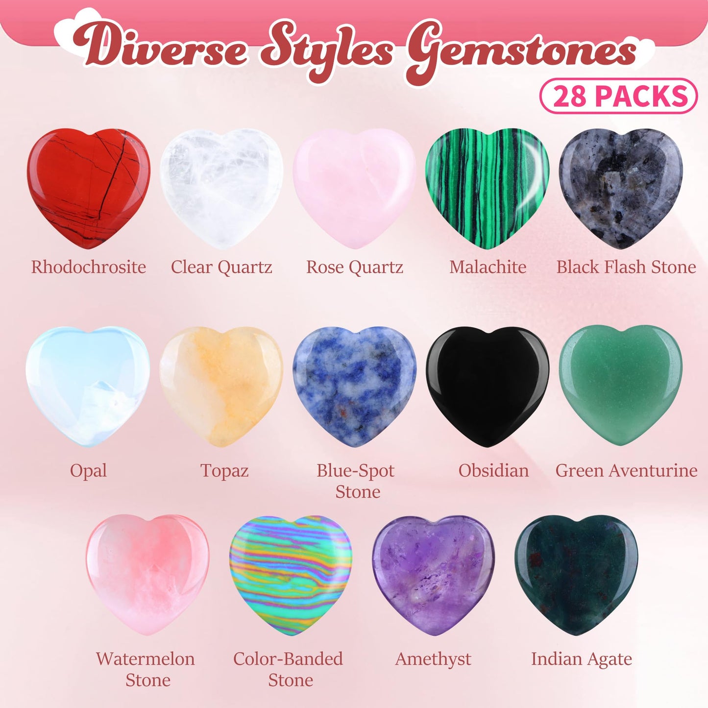 Fopxuni Valentines Day Cards for Kids with 28 Natural Crystal Hearts – Classroom Gifts