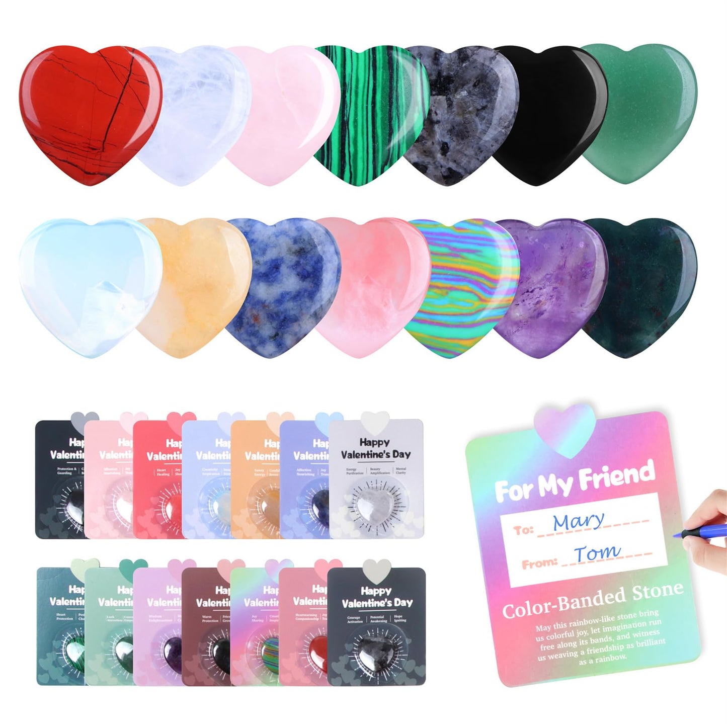 Fopxuni Valentines Day Cards for Kids with 28 Natural Crystal Hearts – Classroom Gifts