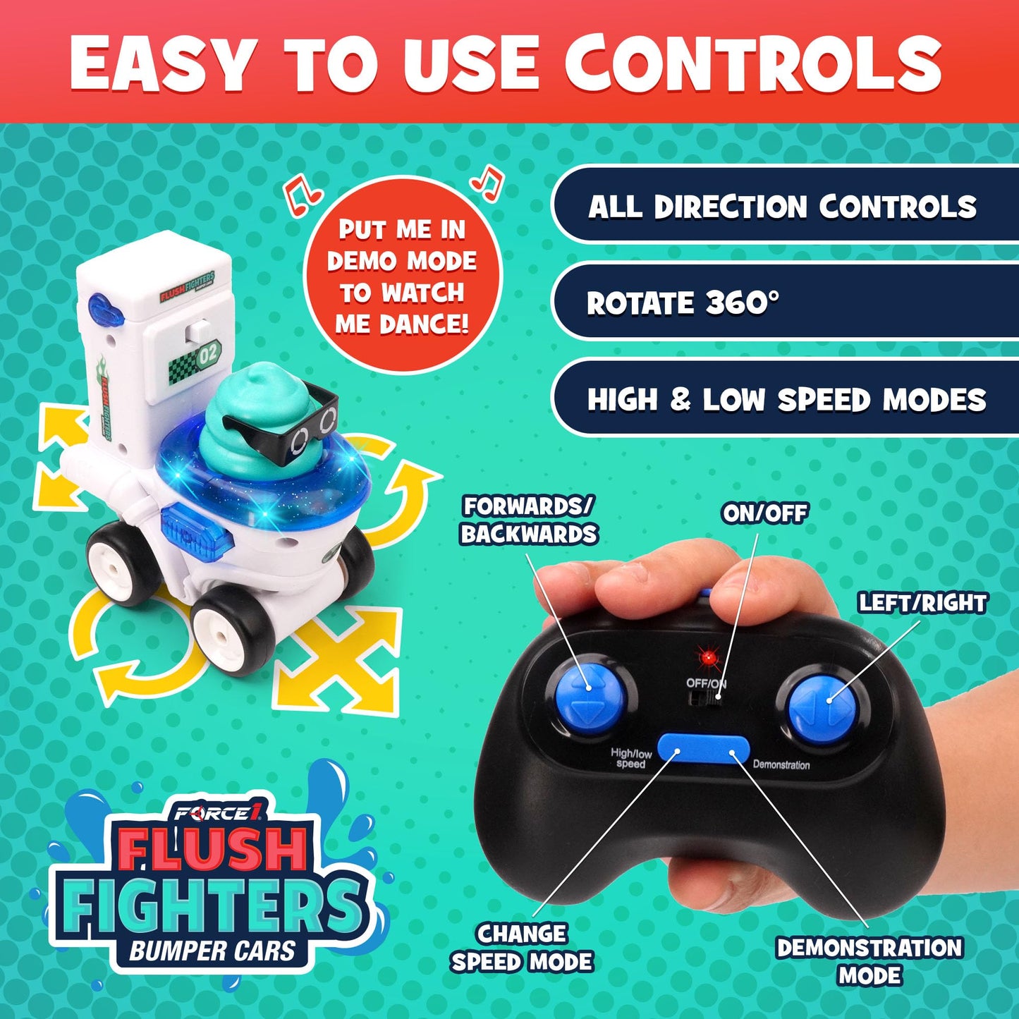 Force1 Flush Fighters Bumper Cars 2-Pack – Mini RC Toilet Theme Cars with LED Lights, Ejecting Figures, and 2 Speeds