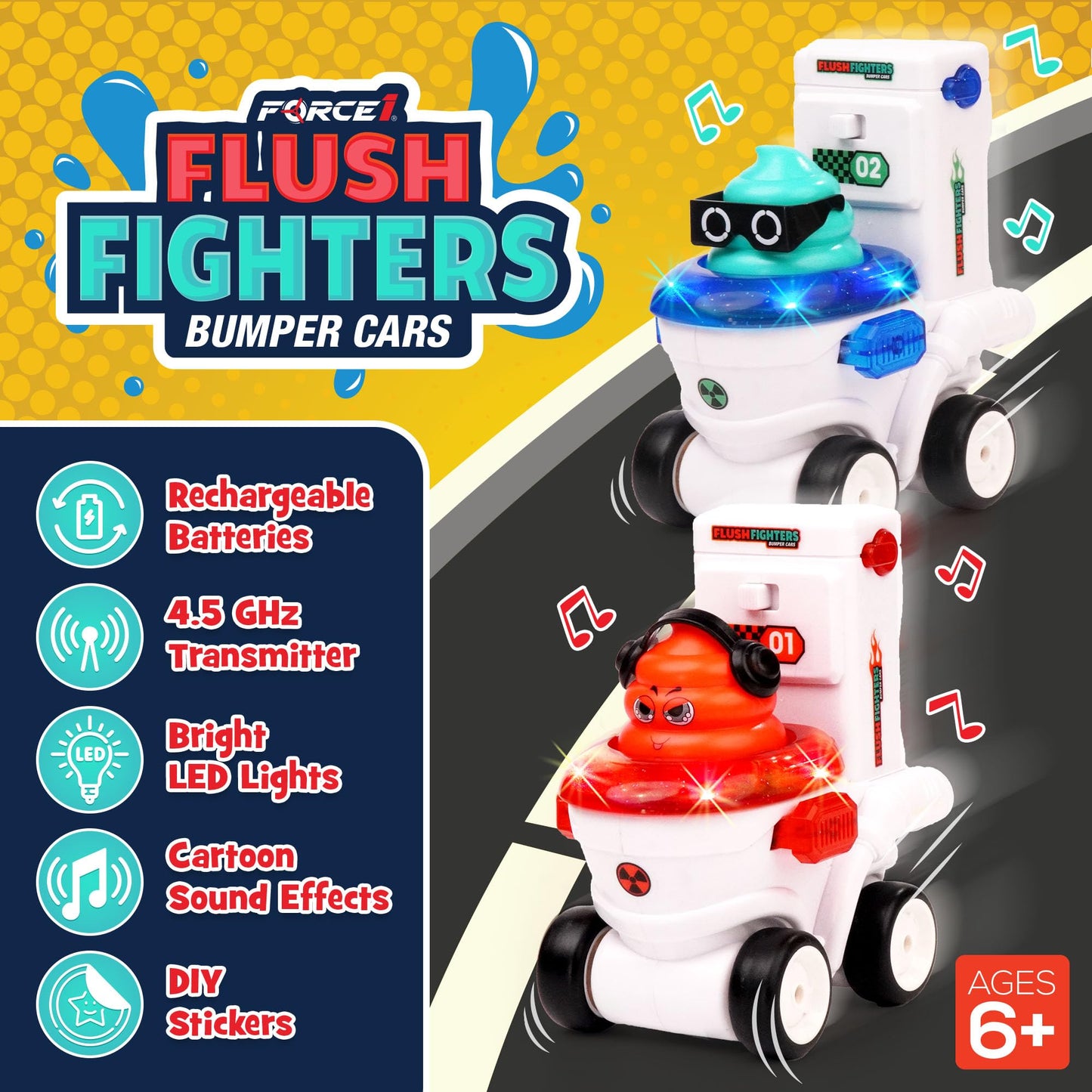 Force1 Flush Fighters Bumper Cars 2-Pack – Mini RC Toilet Theme Cars with LED Lights, Ejecting Figures, and 2 Speeds
