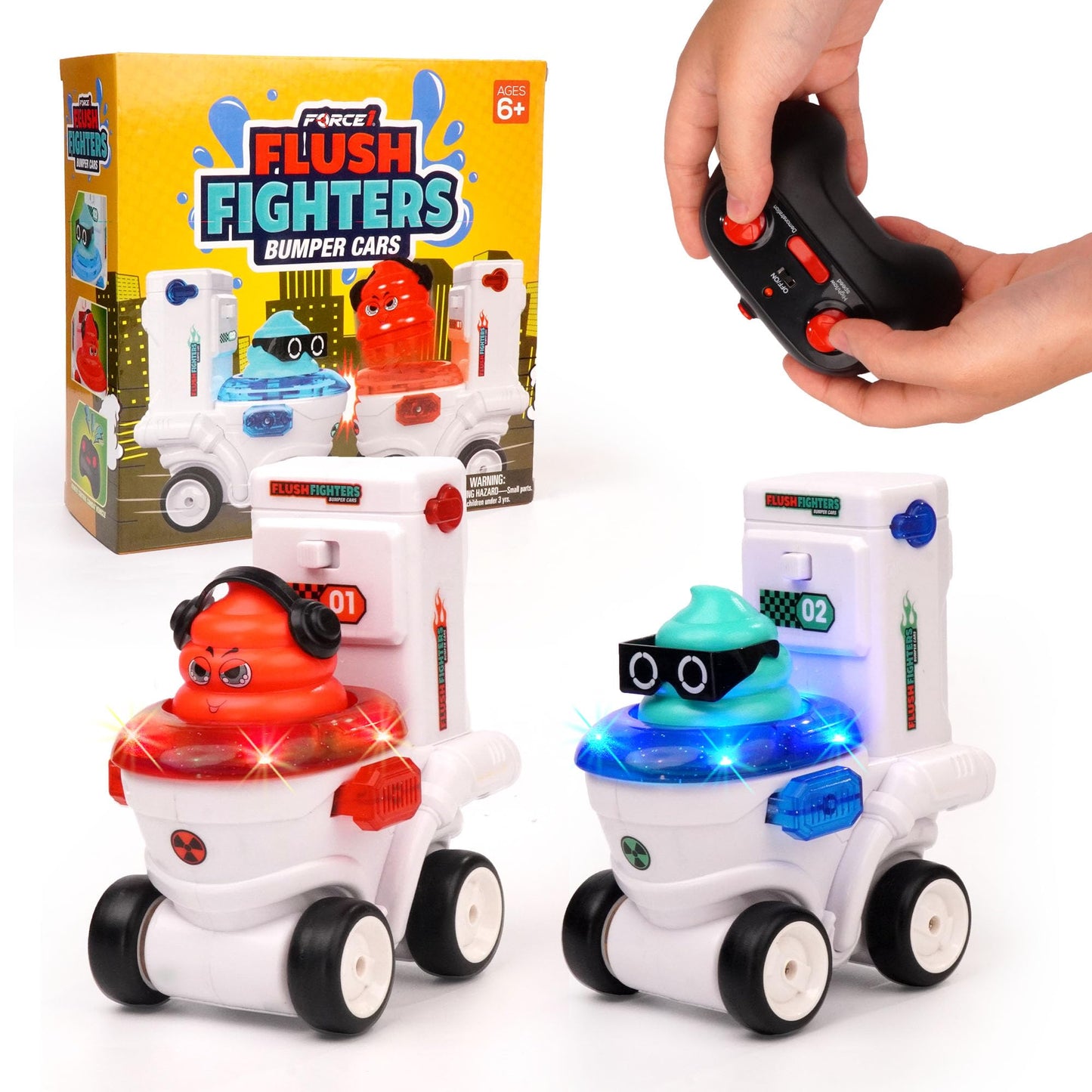 Force1 Flush Fighters Bumper Cars 2-Pack – Mini RC Toilet Theme Cars with LED Lights, Ejecting Figures, and 2 Speeds