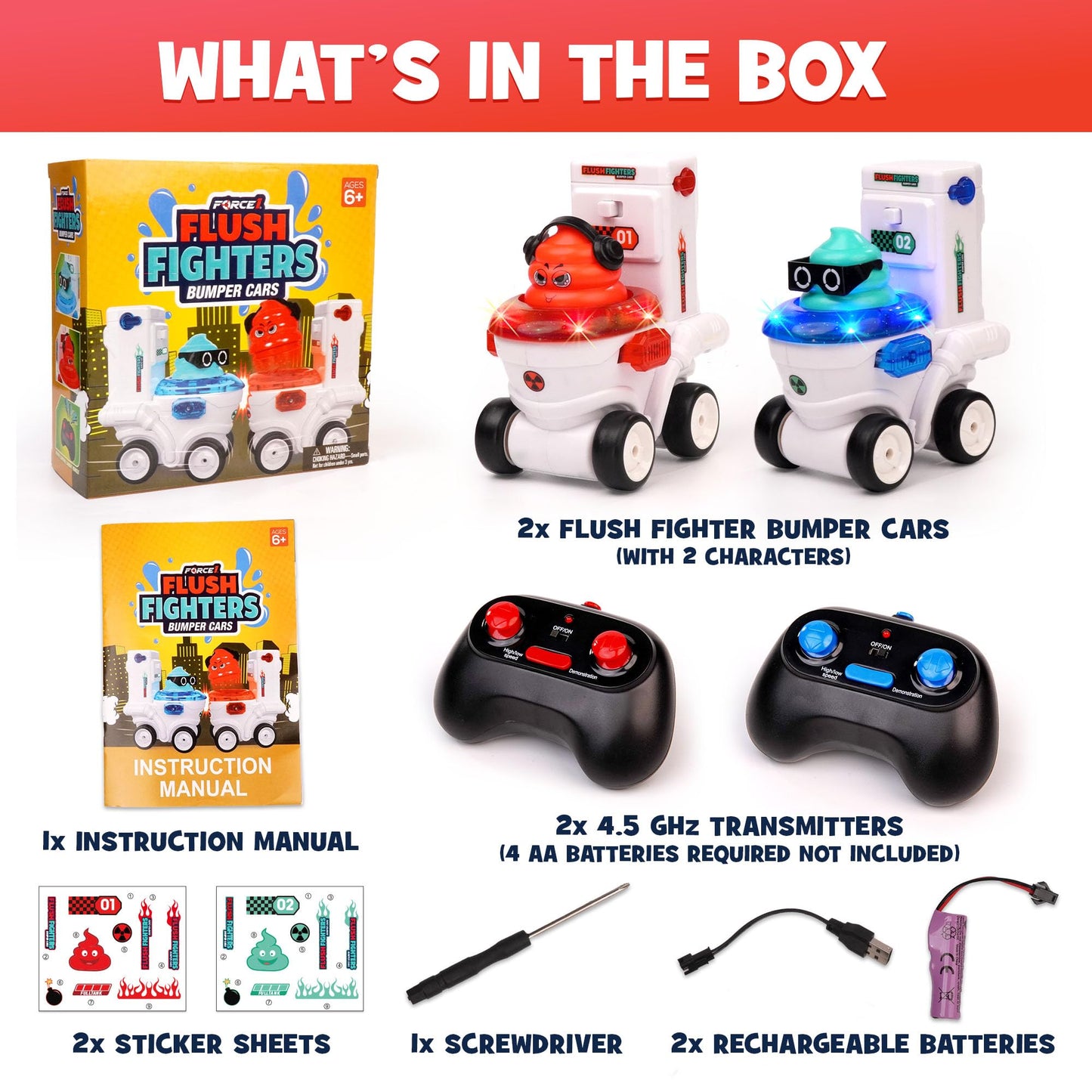Force1 Flush Fighters Bumper Cars 2-Pack – Mini RC Toilet Theme Cars with LED Lights, Ejecting Figures, and 2 Speeds
