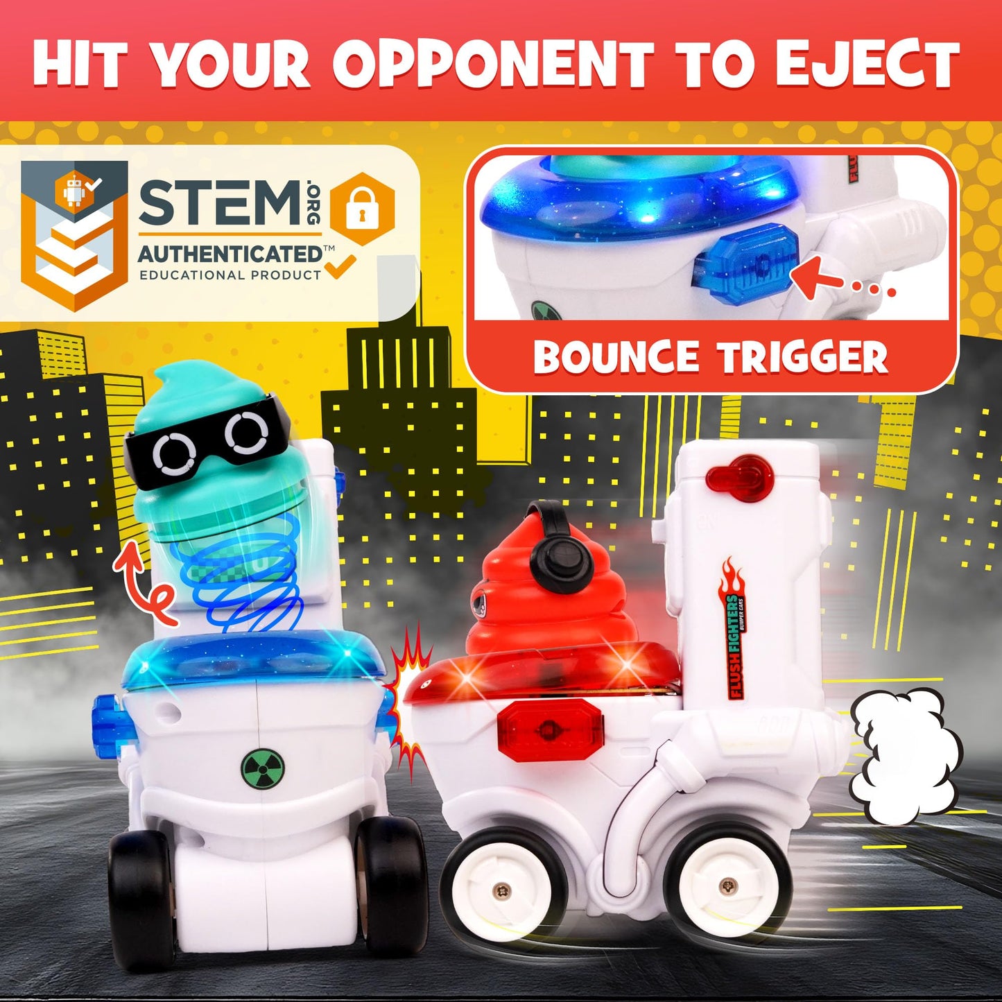 Force1 Flush Fighters Bumper Cars 2-Pack – Mini RC Toilet Theme Cars with LED Lights, Ejecting Figures, and 2 Speeds