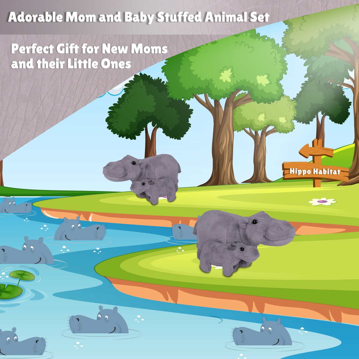 Forest & Twelfth Mom and Baby Mini Hippo Plush Toy – Nursery Safari Decor