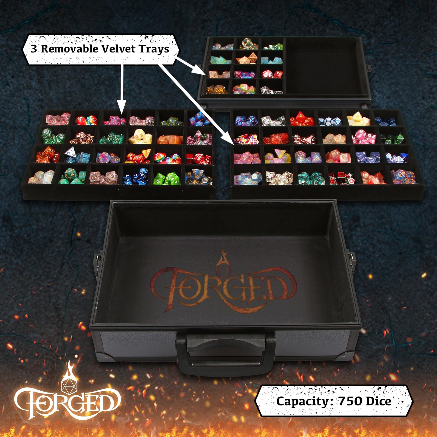 Forged Dice Co. Dice Display Case & Rolling Tray — Holds 720 Dice (3 Removable Trays)
