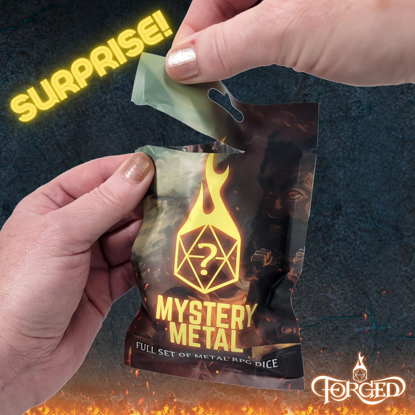Forged Dice Co Mystery Metal Dice Bag – Blind Surprise DND Dice Set (7 Metal Dice: D4 D6 D8 D10 D12 D20 Dpercent)