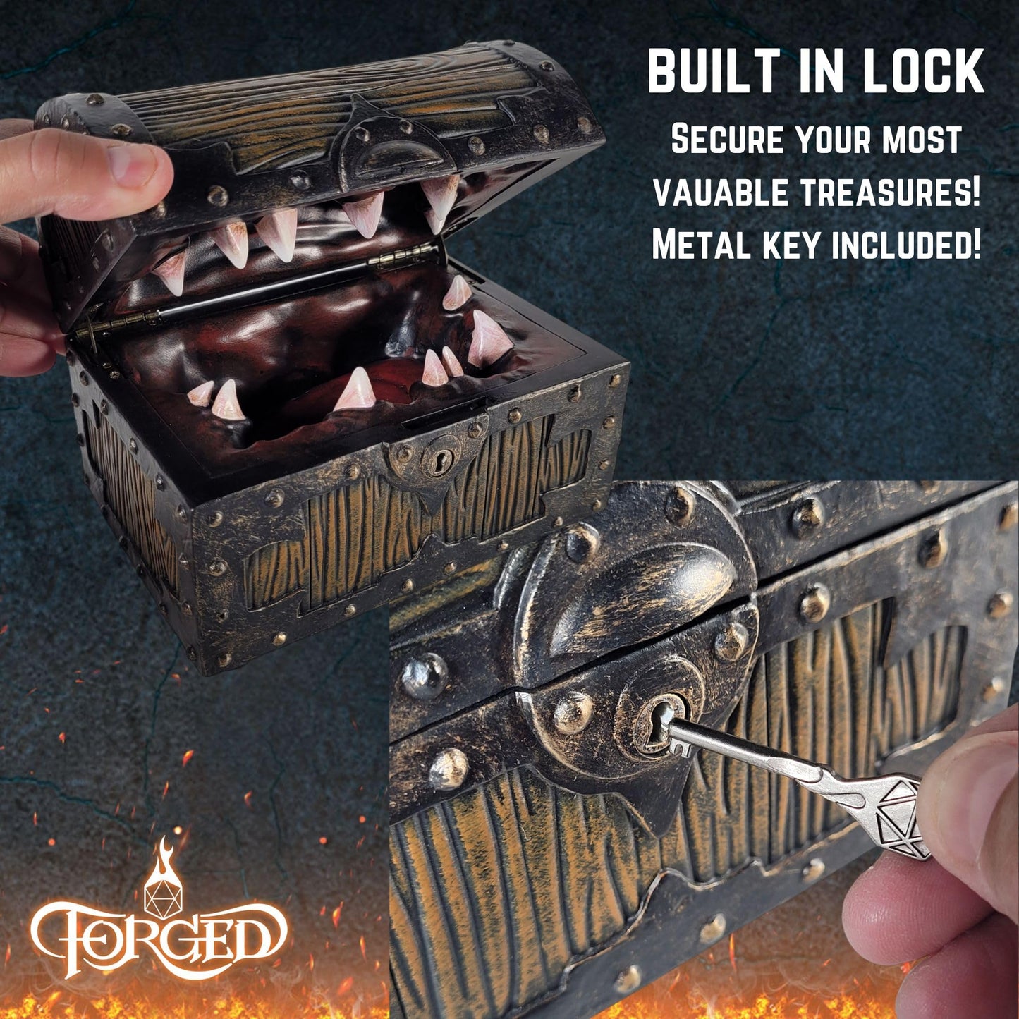 Forged Dice Co. Large Mimic Chest Dice Box with Lock – Fits 35 Dice or 5 Sets