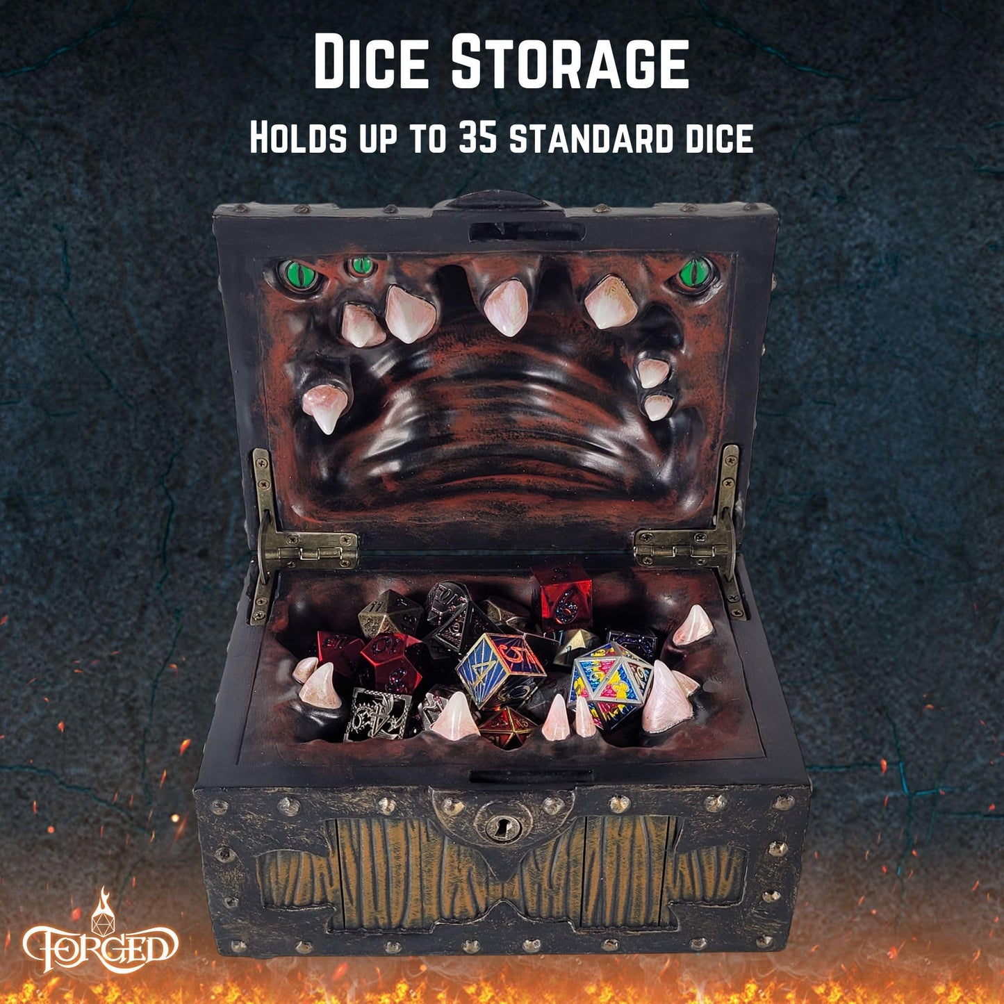 Forged Dice Co. Large Mimic Chest Dice Box with Lock – Fits 35 Dice or 5 Sets