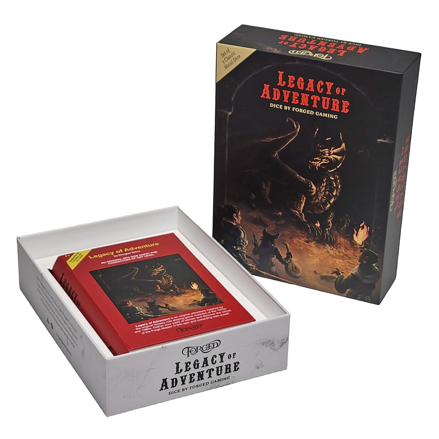 Forged Dice Co. Legacy of Adventure: 7-Piece Retro Metal RPG Dice Set + Adventure Module