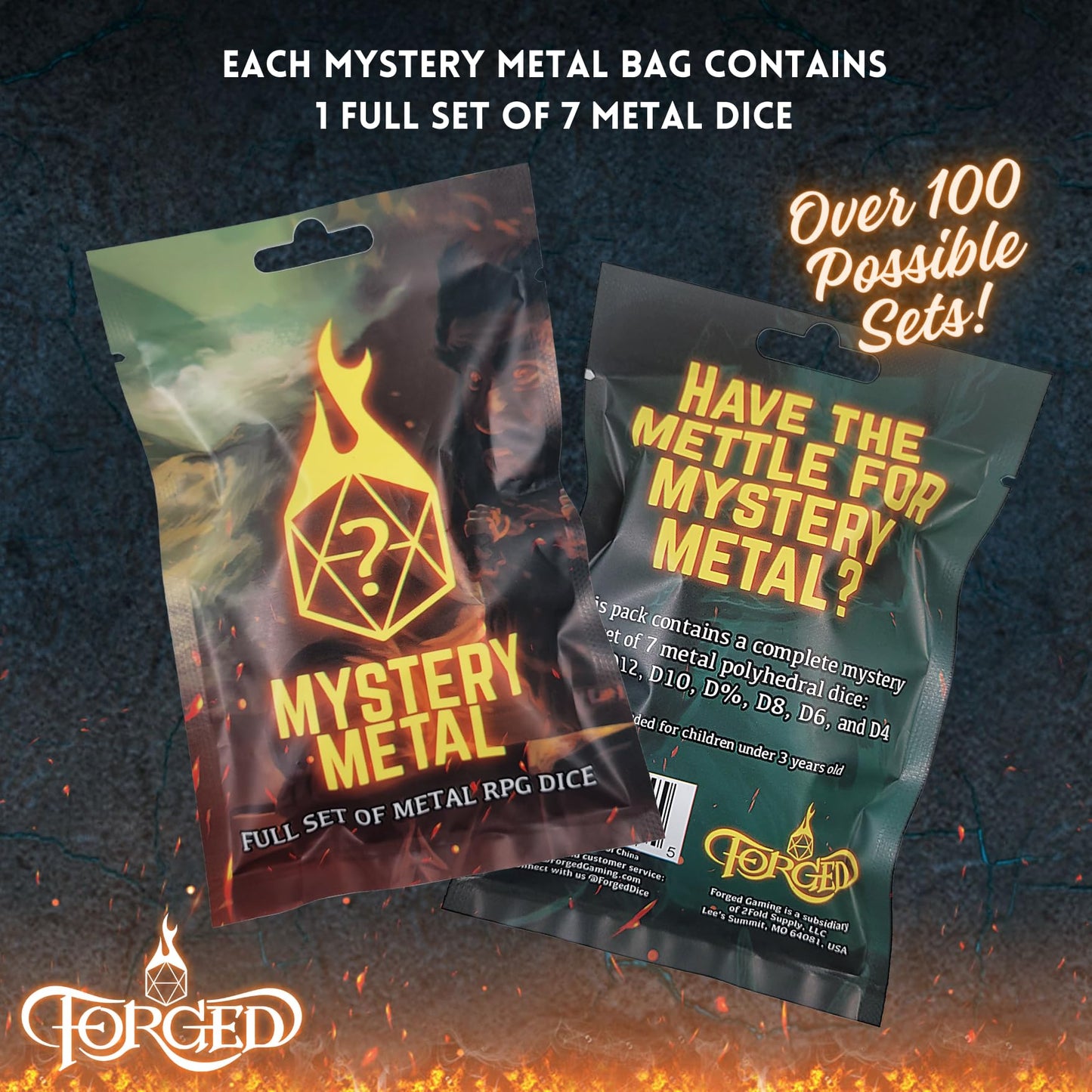 Forged Dice Co Mystery Metal Dice Bag – Blind Surprise DND Dice Set (7 Metal Dice: D4 D6 D8 D10 D12 D20 Dpercent)