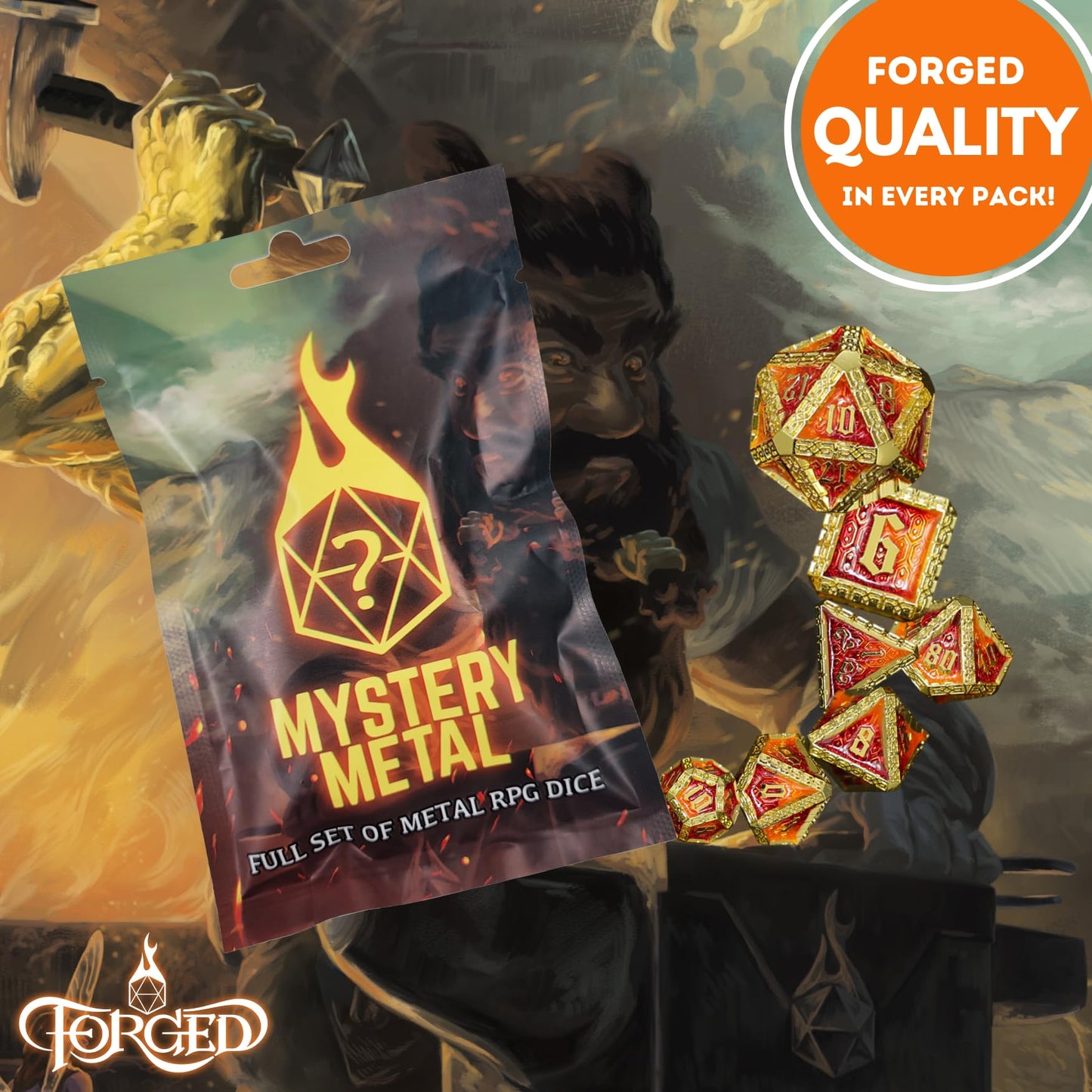 Forged Dice Co Mystery Metal Dice Bag – Blind Surprise DND Dice Set (7 Metal Dice: D4 D6 D8 D10 D12 D20 Dpercent)