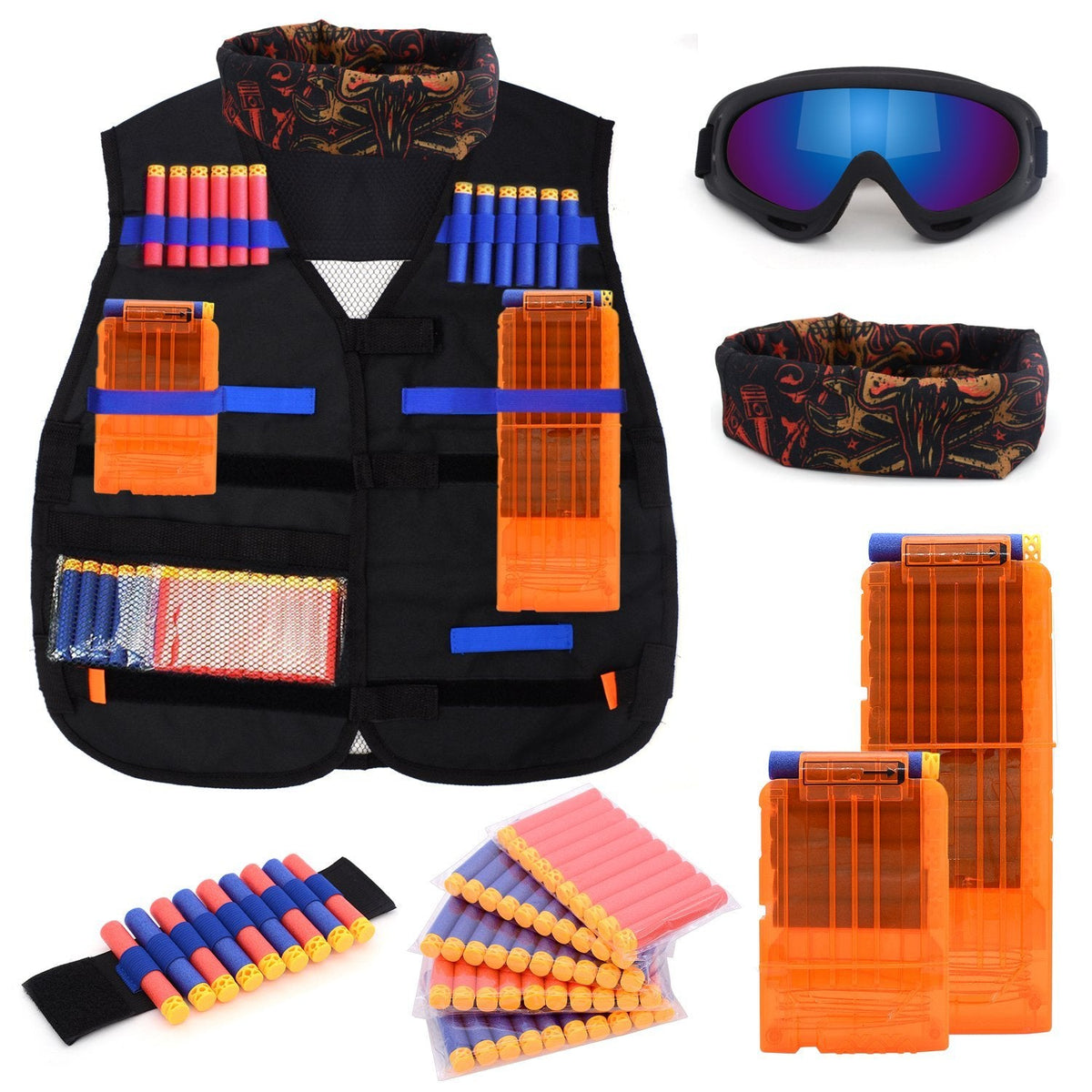 Forliver Kids Tactical Vest Kit for Nerf Guns – 50 Darts, 2 Quick Reload Clips, Mask, Glasses