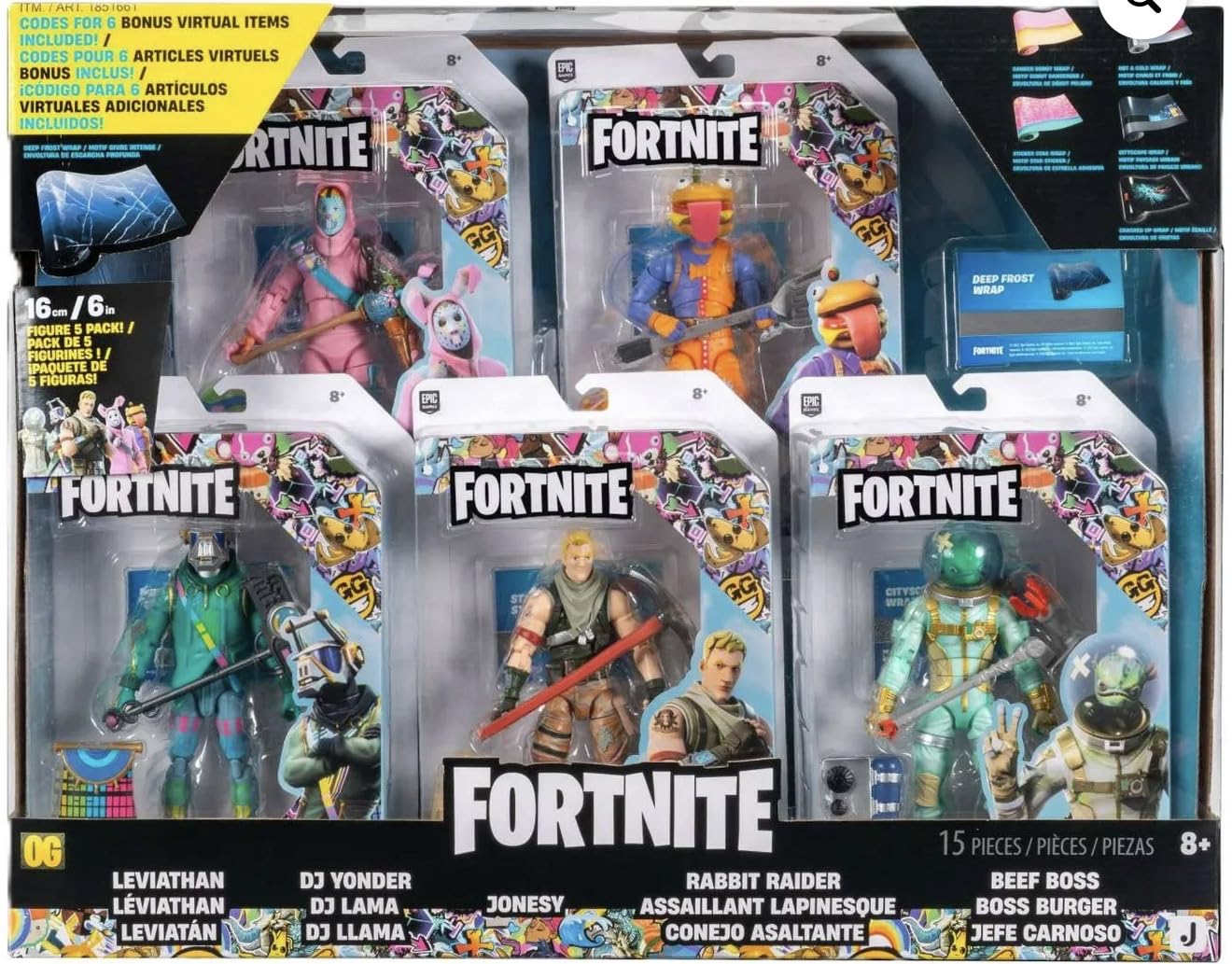Fortnite 6-Inch Action Figure 5-Pack with Virtual Items and Deep Frost Wrap – Leviathan, DJ Yonder, Jonesy, Rabbit Raider, Beef Boss
