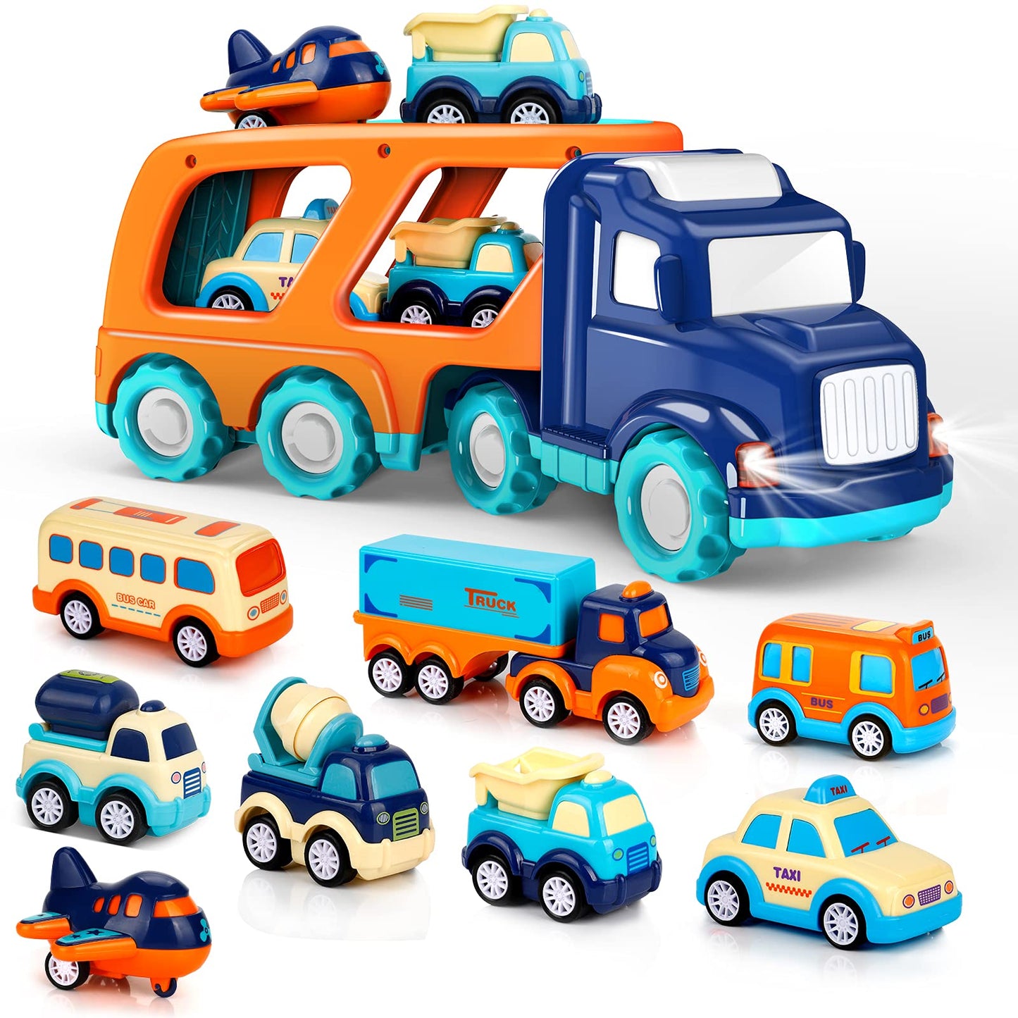 Forty4 Nine-Pack Cars Toys – 9 Vehicle Carrier Playset for Toddlers (Pull-Back, Light & Sound)