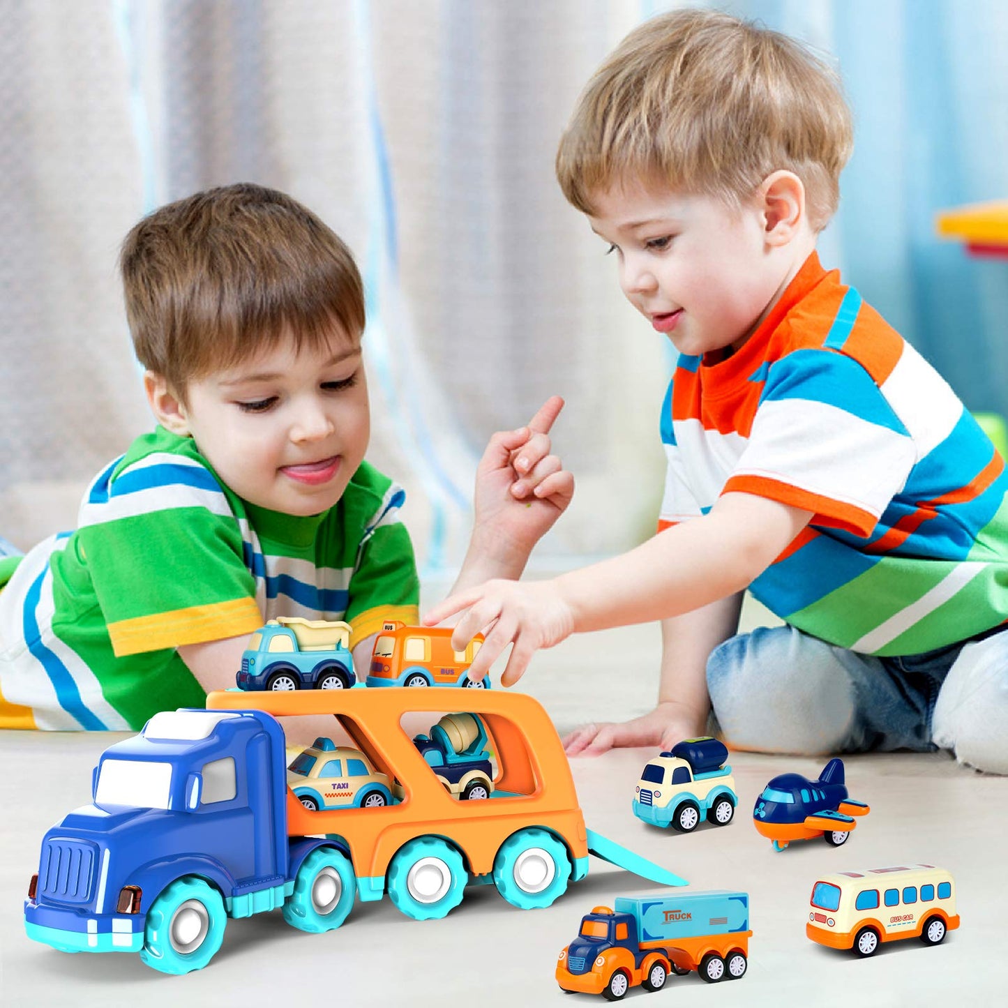 Forty4 Nine-Pack Cars Toys – 9 Vehicle Carrier Playset for Toddlers (Pull-Back, Light & Sound)