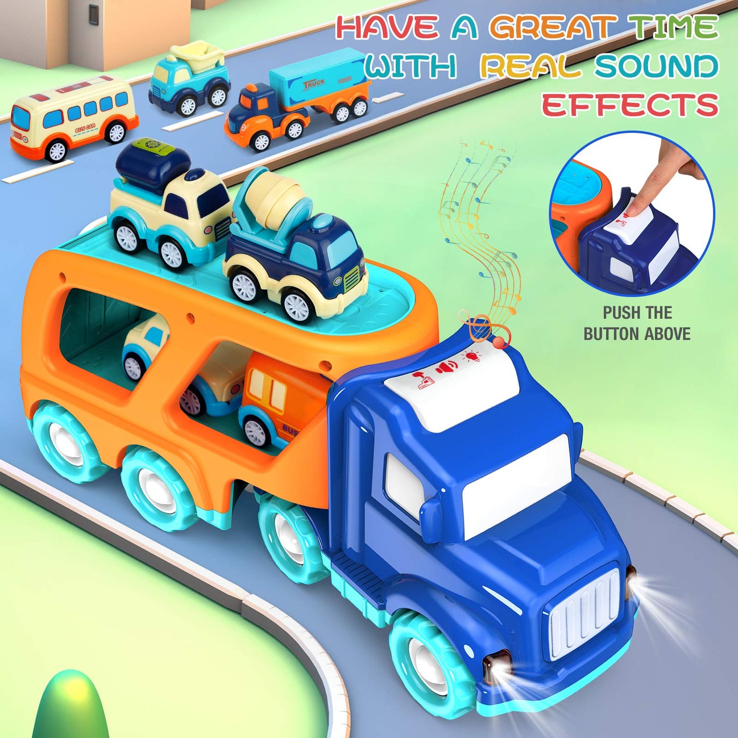 Forty4 Nine-Pack Cars Toys – 9 Vehicle Carrier Playset for Toddlers (Pull-Back, Light & Sound)