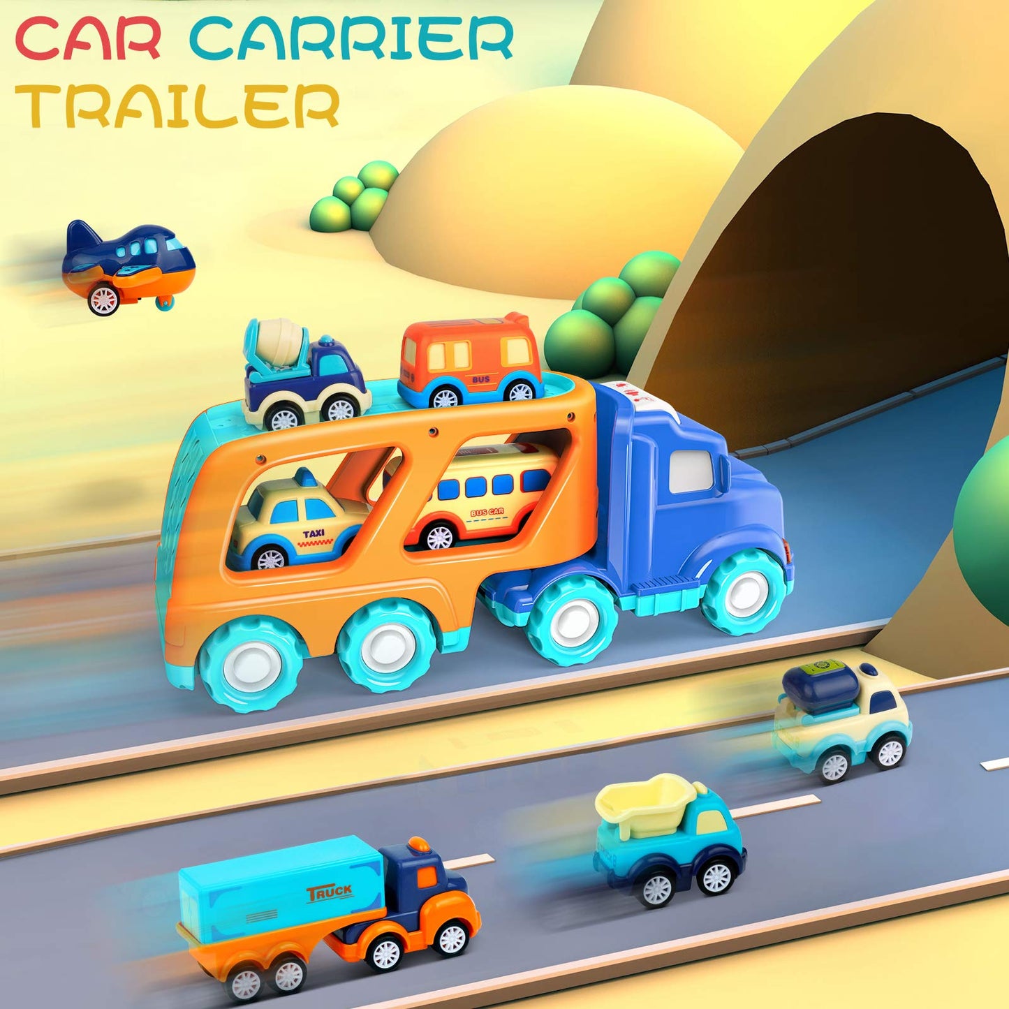Forty4 Nine-Pack Cars Toys – 9 Vehicle Carrier Playset for Toddlers (Pull-Back, Light & Sound)