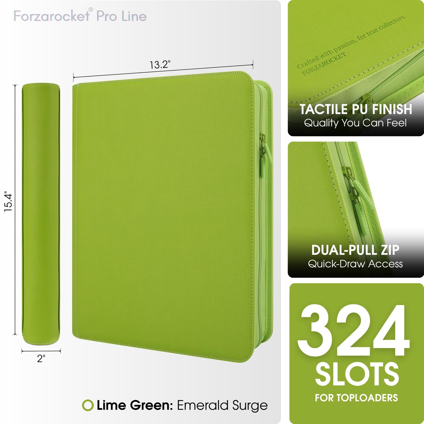 FORZAROCKET 324 Toploader Binder – 9-Pocket Zippered Ringless Album for TCG & Sports Cards | PU Leather Side-Load