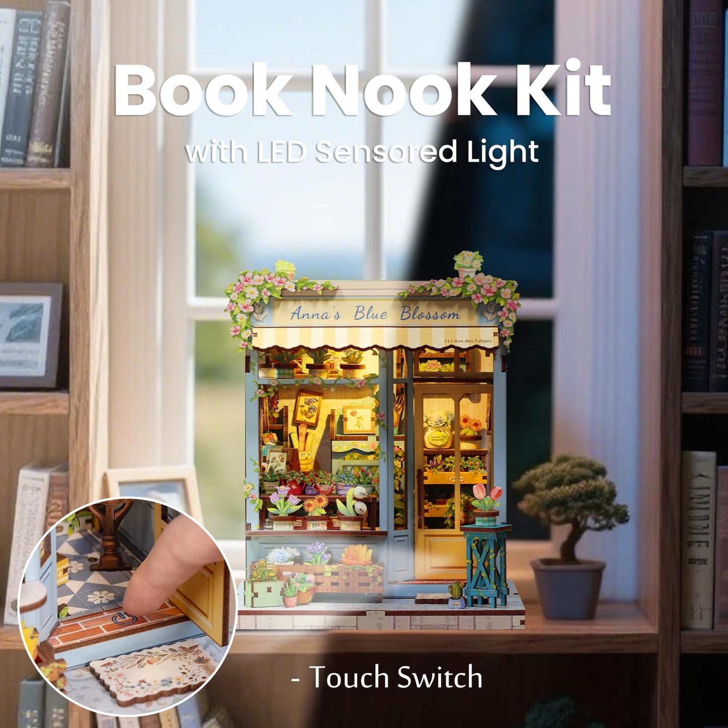 Fsolis Book Nook Kit – DIY Miniature Dollhouse & Tiny Flower Shop | Anna's Blue Blossom