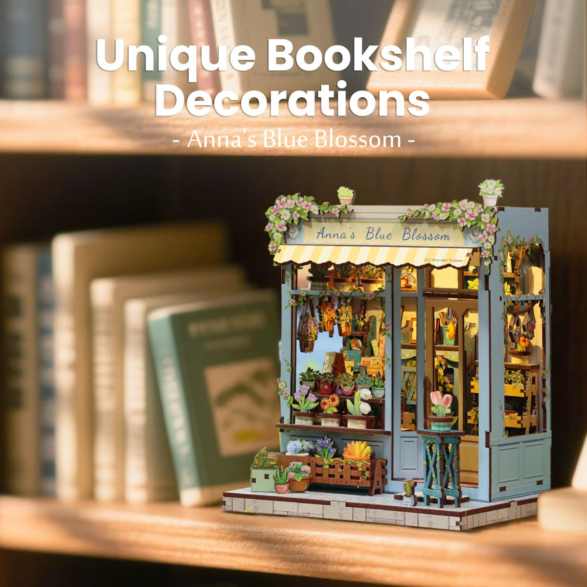 Fsolis Book Nook Kit – DIY Miniature Dollhouse & Tiny Flower Shop | Anna's Blue Blossom