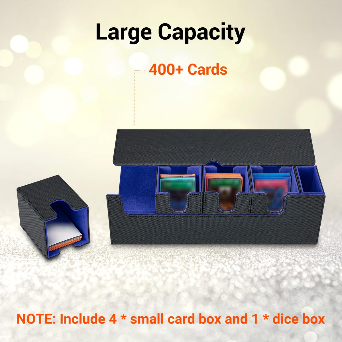 FOTEEMO 5-in-1 MTG Deck Box with Dice Tray — Holds 350 Sleeved or 400+ Unsleeved Cards (Black/Blue)
