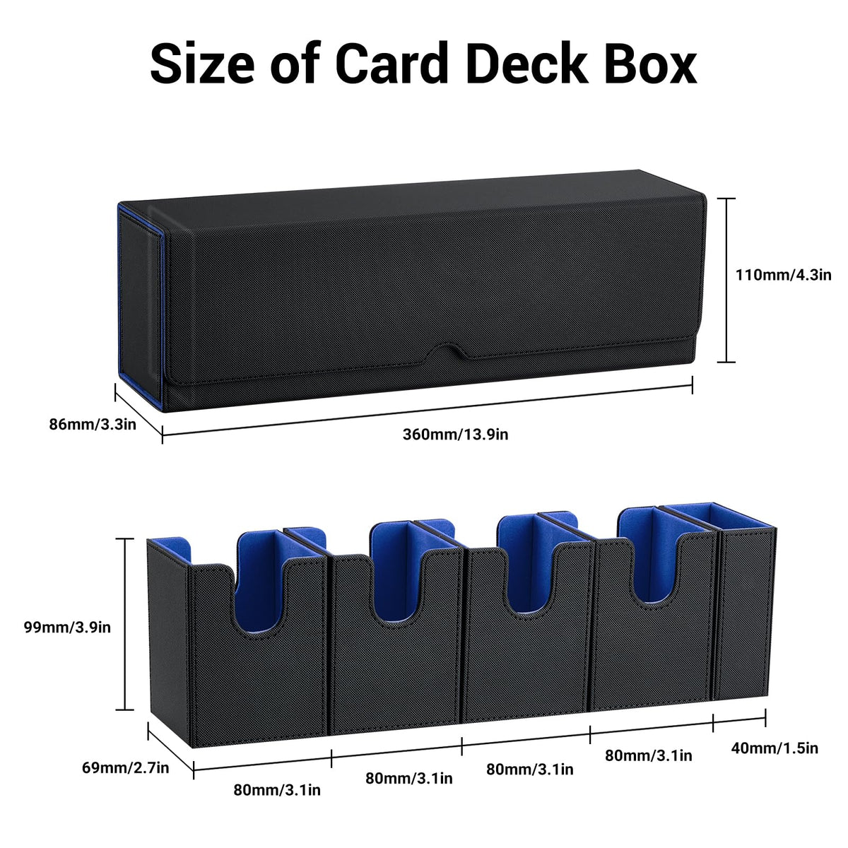 FOTEEMO 5-in-1 MTG Deck Box with Dice Tray — Holds 350 Sleeved or 400+ Unsleeved Cards (Black/Blue)