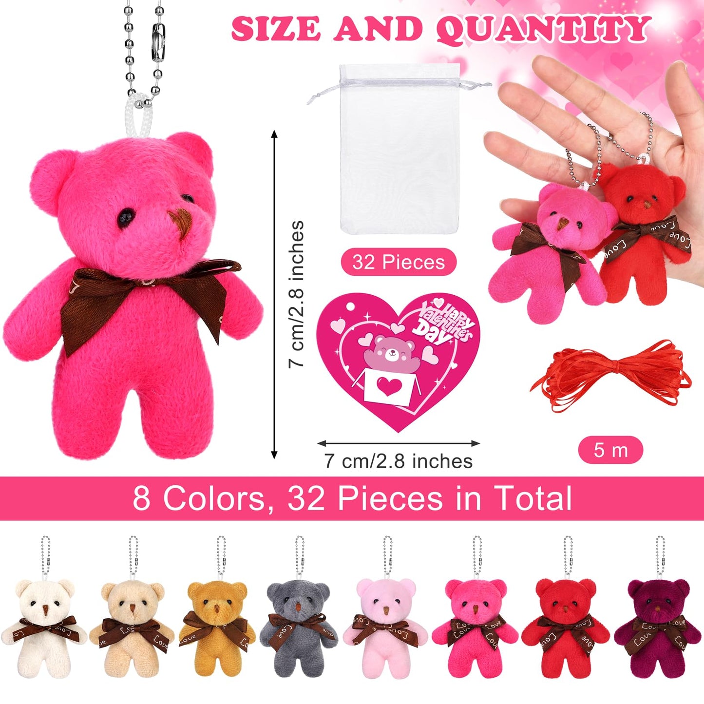 Fovths 32-Pack Valentine Bears with Heart Cards – Plush Teddy Gifts & Party Favors