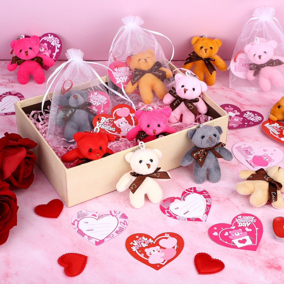Fovths 32-Pack Valentine Bears with Heart Cards – Plush Teddy Gifts & Party Favors
