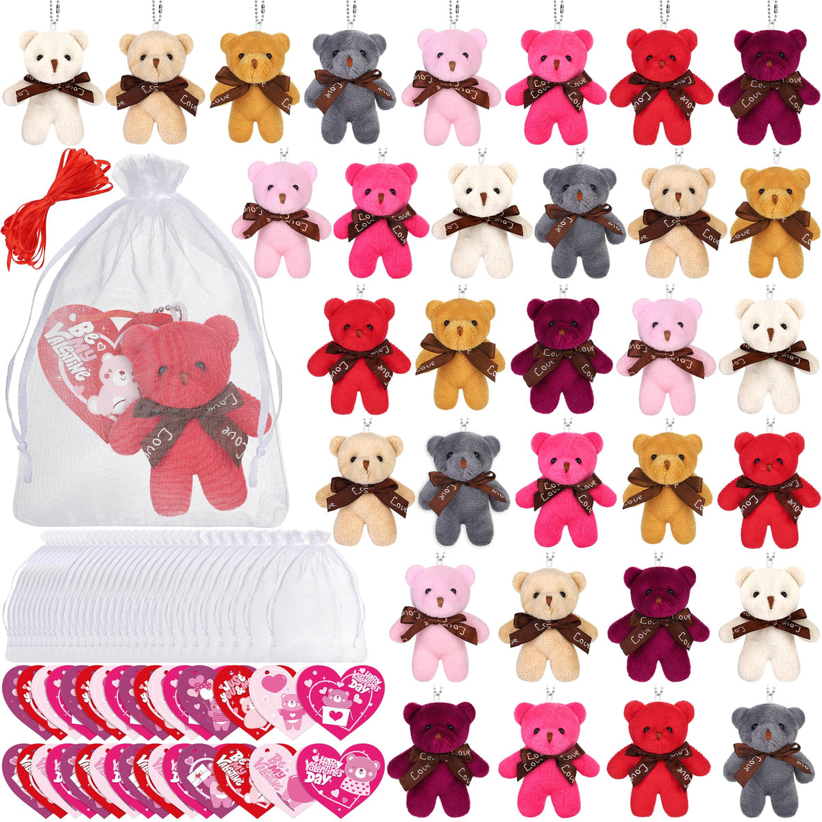 Fovths 32-Pack Valentine Bears with Heart Cards – Plush Teddy Gifts & Party Favors