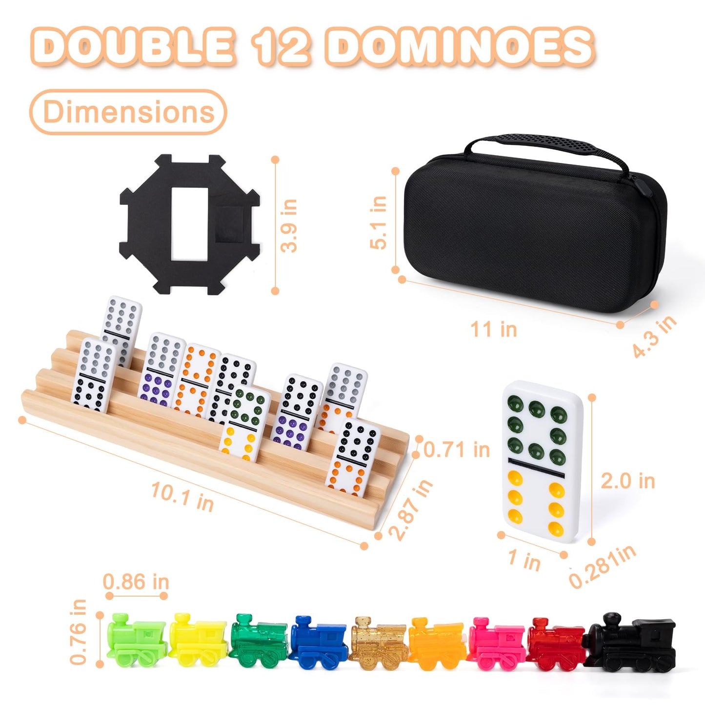 Fowreny Mexican Train Double 12 Dominoes Set – 91 Tiles, 4 Wooden Trays, Travel Case | Family Board Game