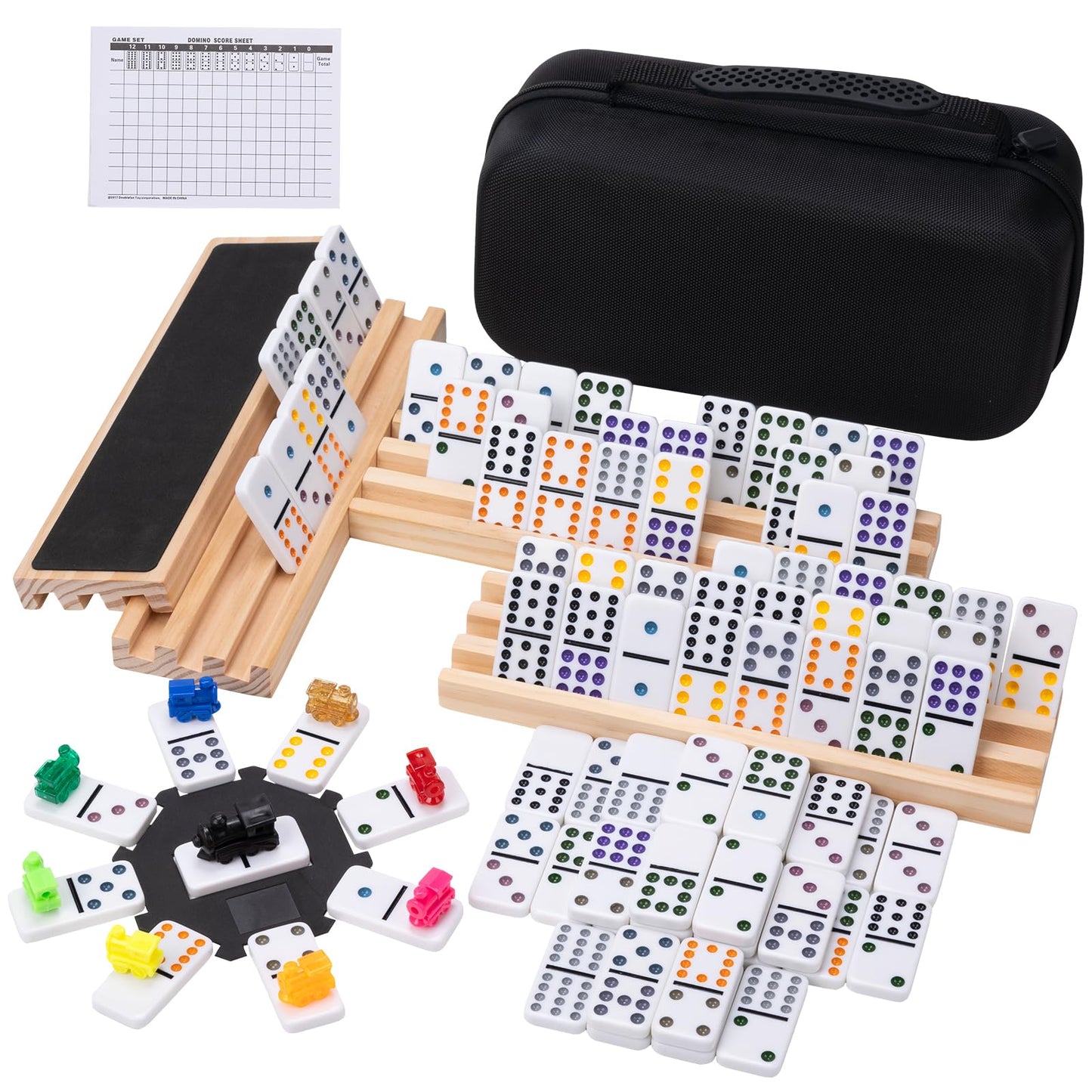 Fowreny Mexican Train Double 12 Dominoes Set – 91 Tiles, 4 Wooden Trays, Travel Case | Family Board Game