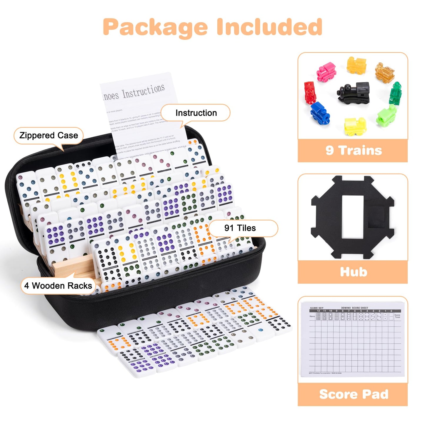 Fowreny Mexican Train Double 12 Dominoes Set – 91 Tiles, 4 Wooden Trays, Travel Case | Family Board Game