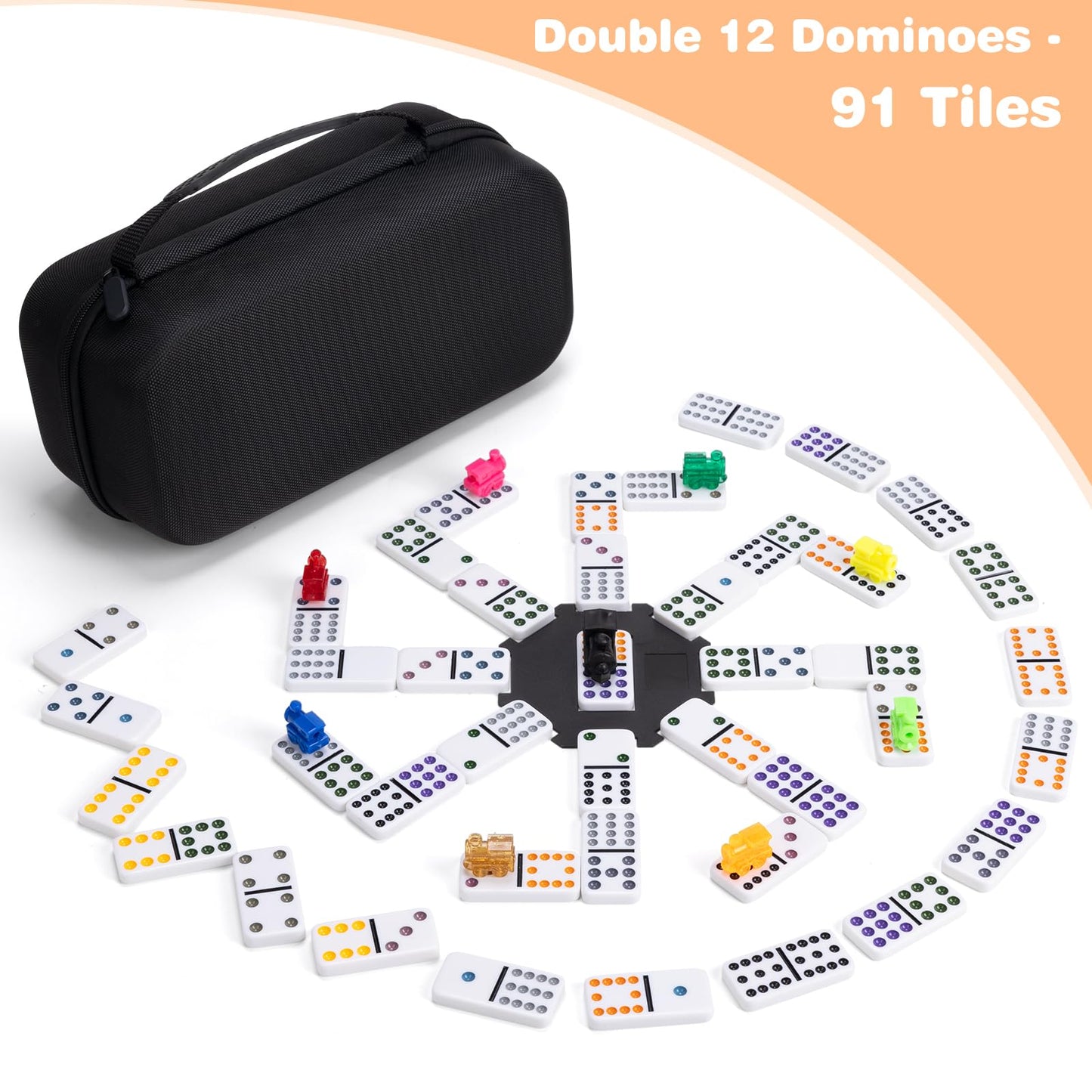 Fowreny Mexican Train Double 12 Dominoes Set – 91 Tiles, 4 Wooden Trays, Travel Case | Family Board Game
