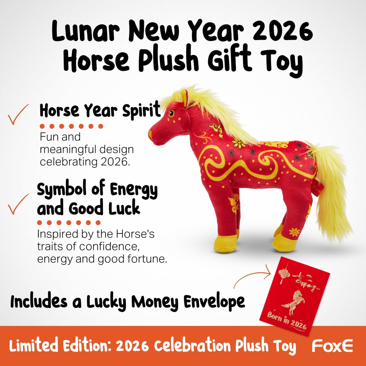 FoxE Year of the Horse Plush 2026 with Lucky Money Envelope | CNY Zodiac Gift