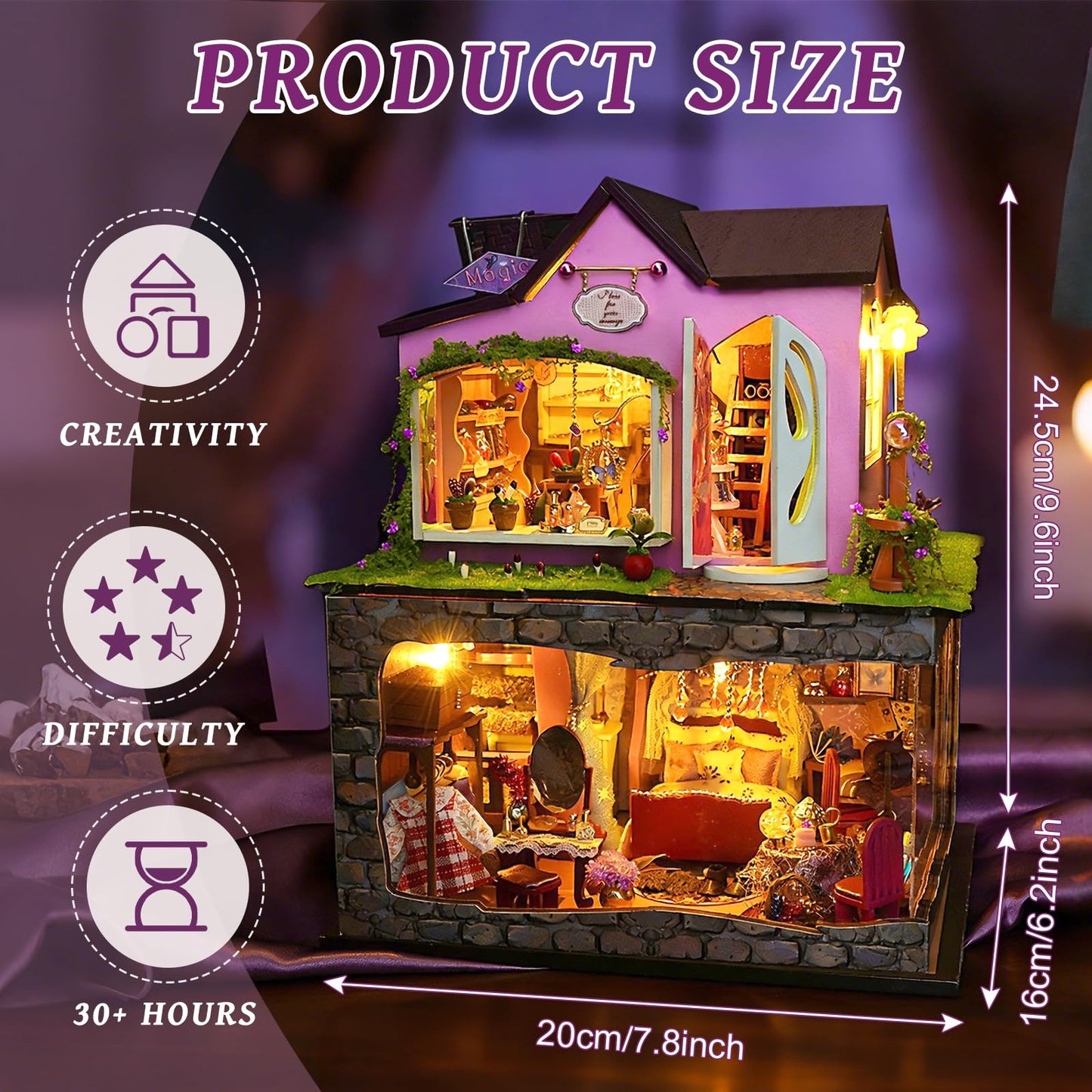 Foyucool Two-Story Witch Shop Dollhouse Kit with LED Lights & Dust Covers