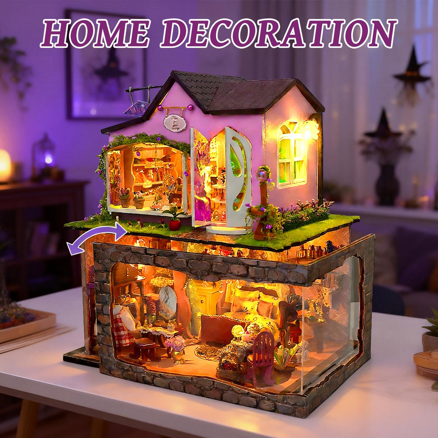 Foyucool Two-Story Witch Shop Dollhouse Kit with LED Lights & Dust Covers