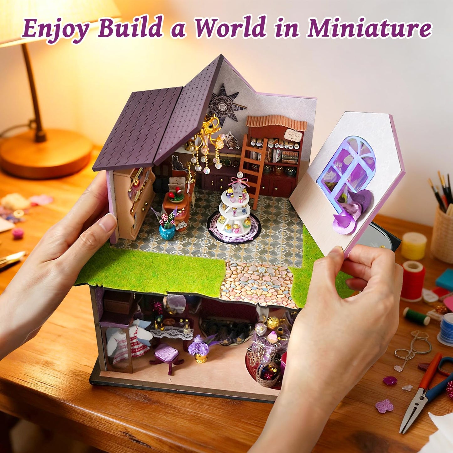 Foyucool Two-Story Witch Shop Dollhouse Kit with LED Lights & Dust Covers