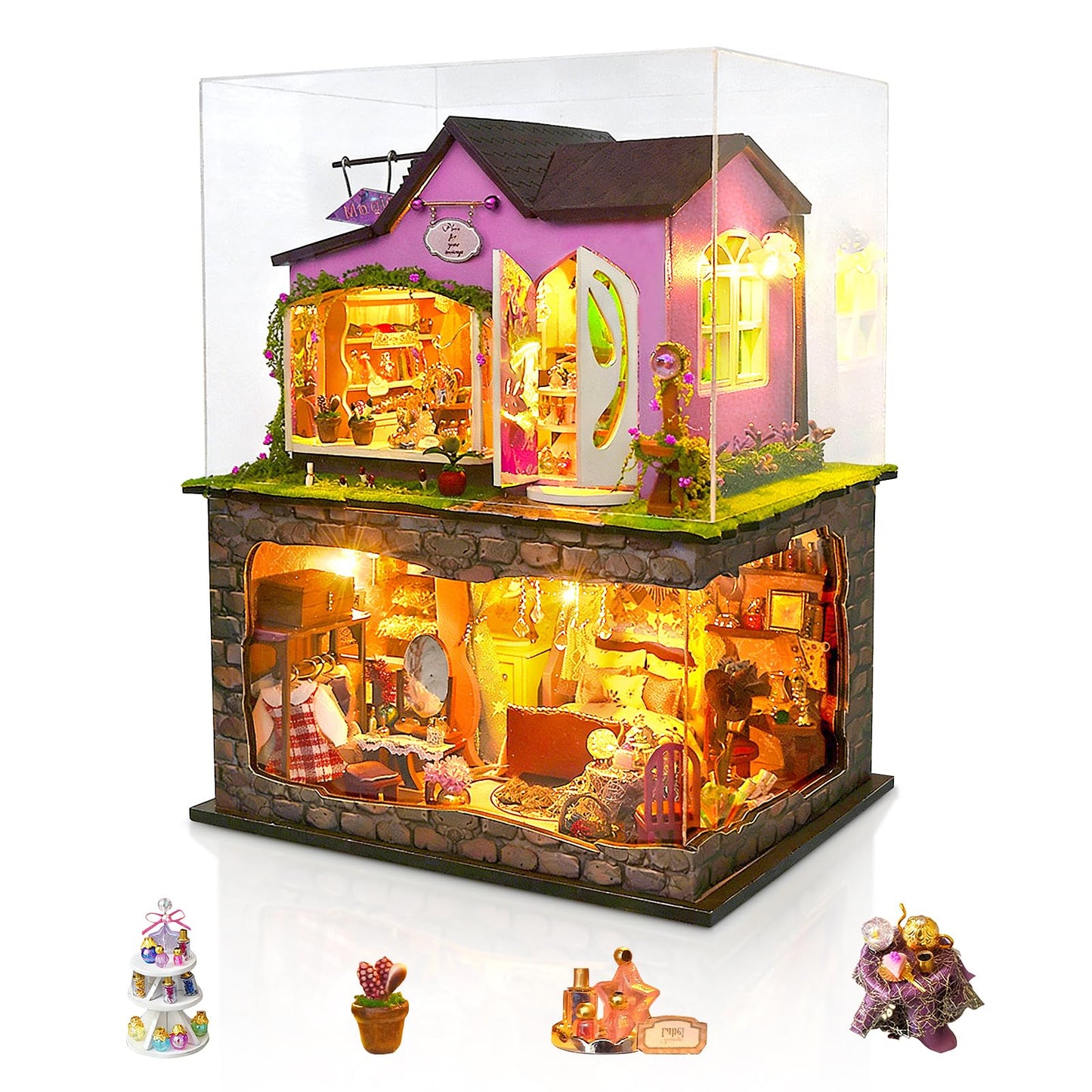 Foyucool Two-Story Witch Shop Dollhouse Kit with LED Lights & Dust Covers