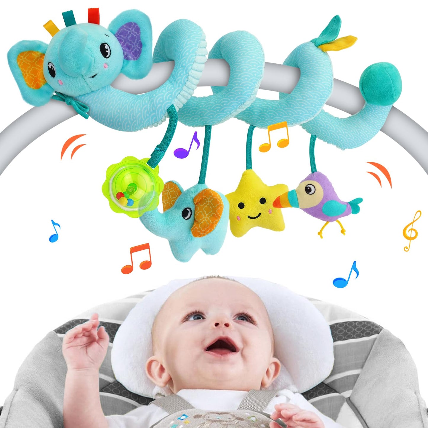 FPVERA Spiral Car Seat Arch Toy for Baby – Rattle, Squeaky Bell & Elephant Design