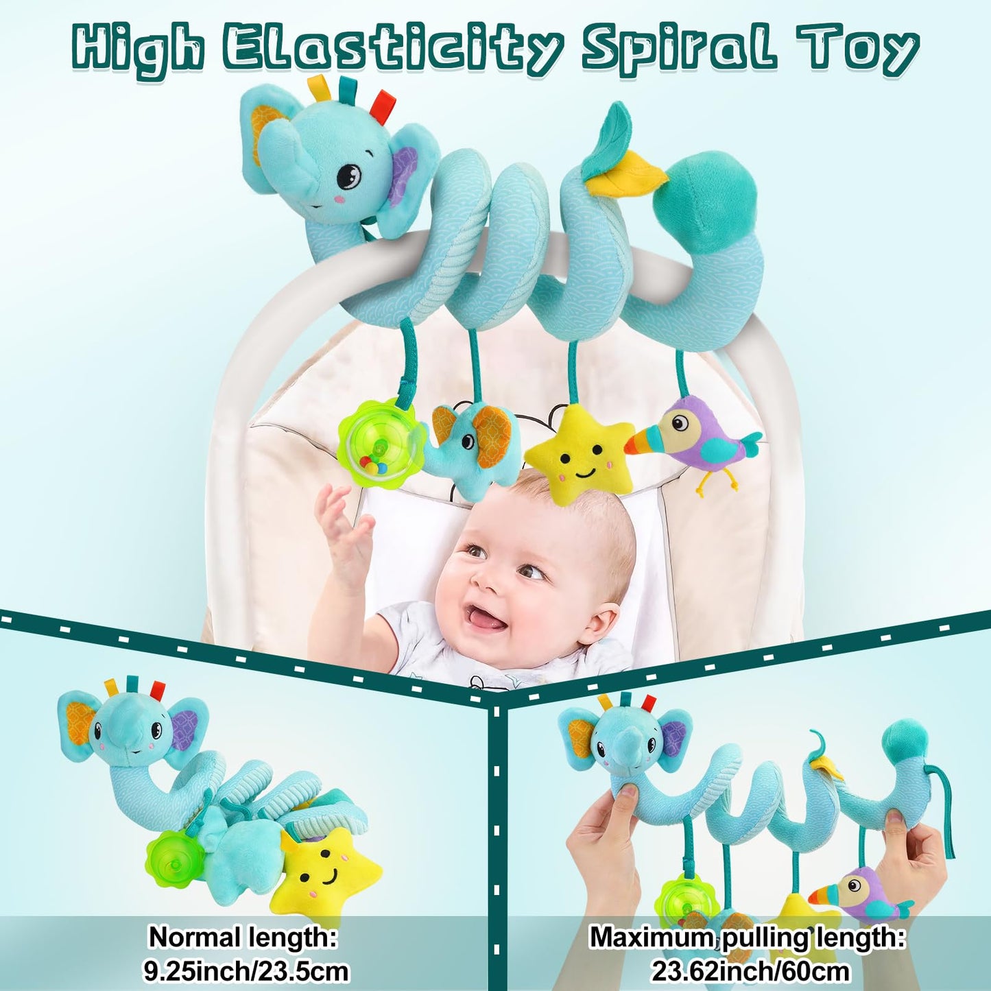 FPVERA Spiral Car Seat Arch Toy for Baby – Rattle, Squeaky Bell & Elephant Design