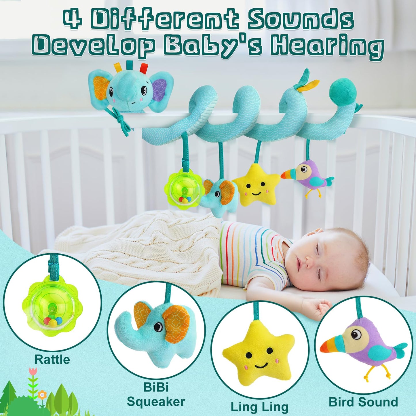 FPVERA Spiral Car Seat Arch Toy for Baby – Rattle, Squeaky Bell & Elephant Design