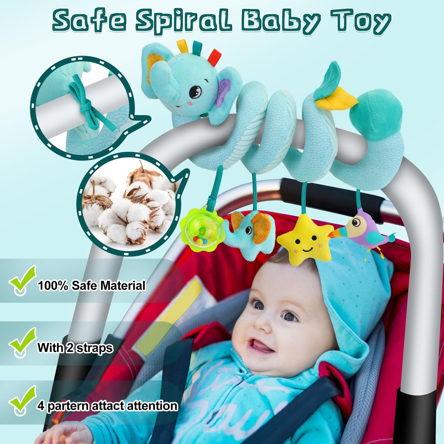 FPVERA Spiral Car Seat Arch Toy for Baby – Rattle, Squeaky Bell & Elephant Design