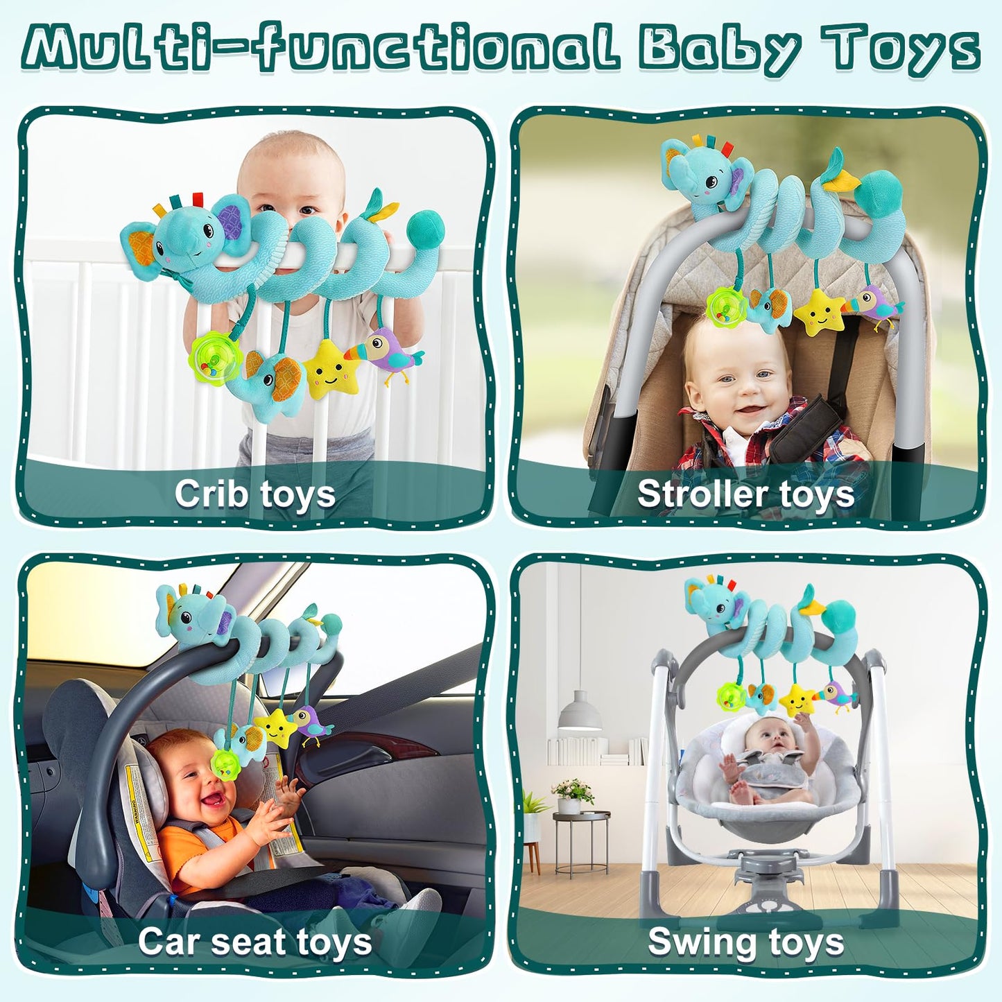 FPVERA Spiral Car Seat Arch Toy for Baby – Rattle, Squeaky Bell & Elephant Design
