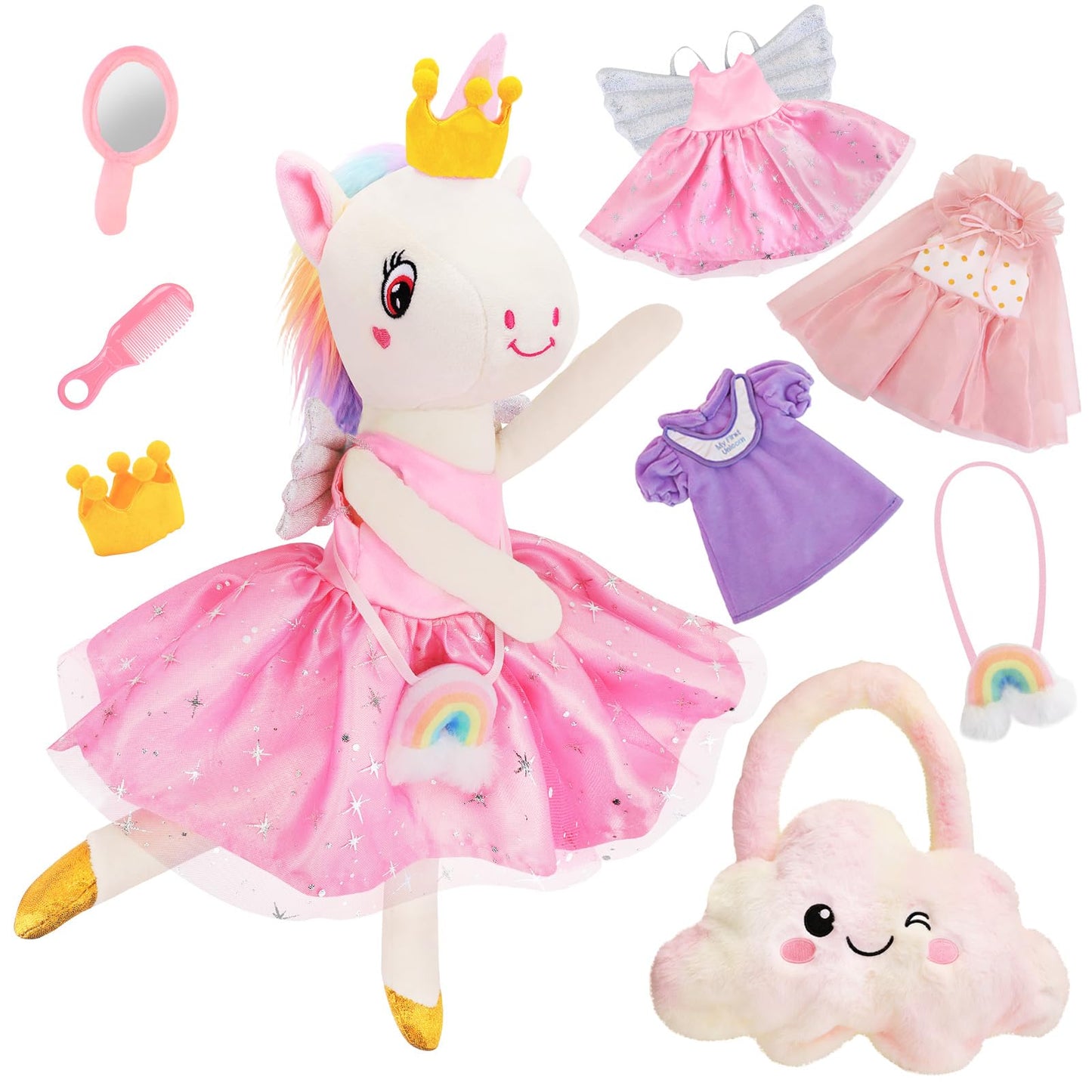 FPVERA Unicorn Dress-Up Doll Set – 18-Inch Ballerina Unicorn with 3 Outfits & Storage Bag