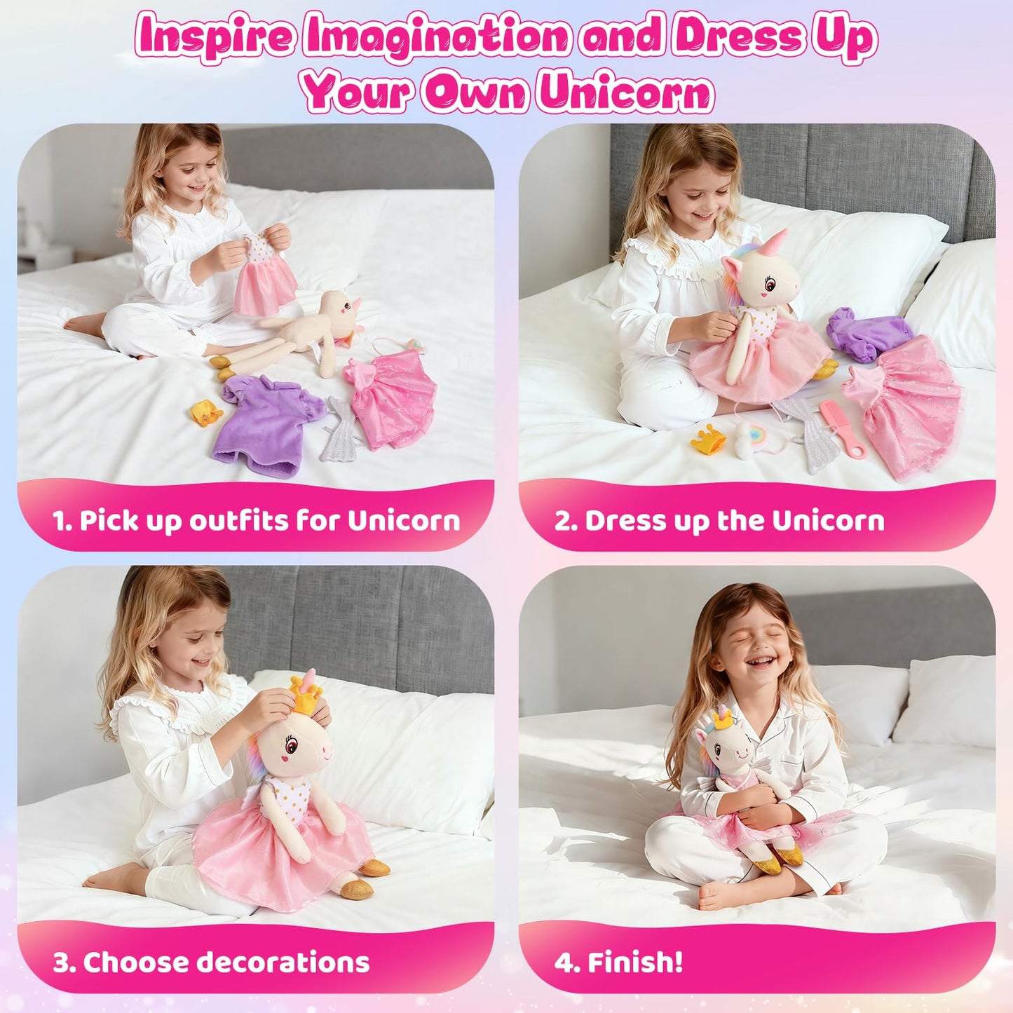 FPVERA Unicorn Dress-Up Doll Set – 18-Inch Ballerina Unicorn with 3 Outfits & Storage Bag