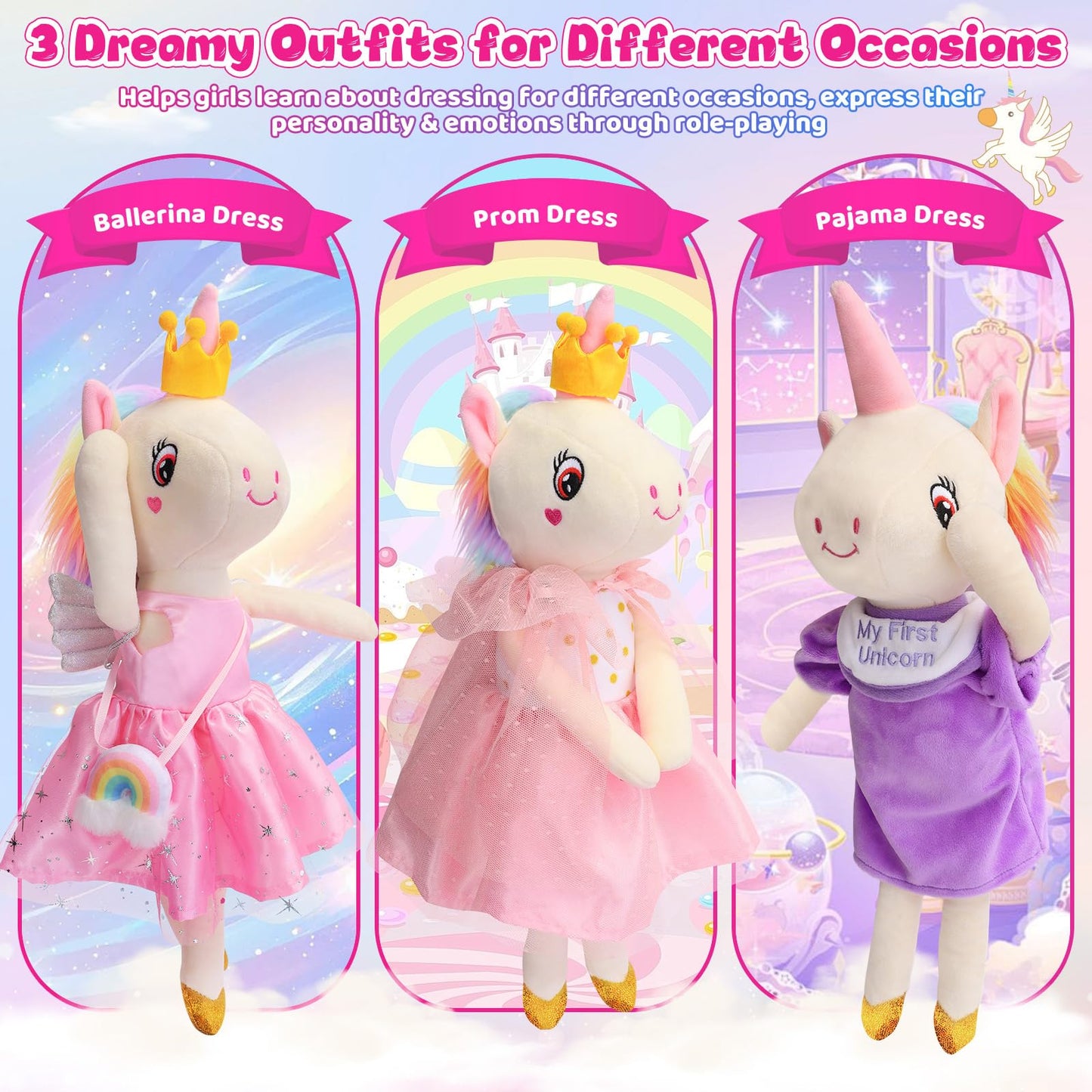 FPVERA Unicorn Dress-Up Doll Set – 18-Inch Ballerina Unicorn with 3 Outfits & Storage Bag
