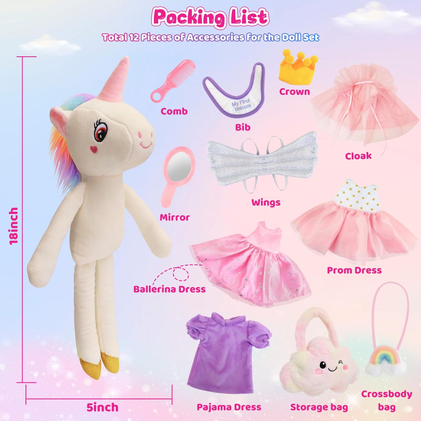 FPVERA Unicorn Dress-Up Doll Set – 18-Inch Ballerina Unicorn with 3 Outfits & Storage Bag