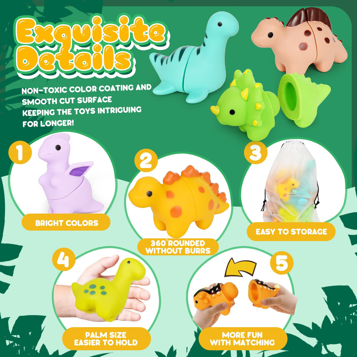 FQKIOMY Dinosaur Toys – Montessori Fine Motor Learning Games, 10-Piece Matching Set for 2-3 Year Olds