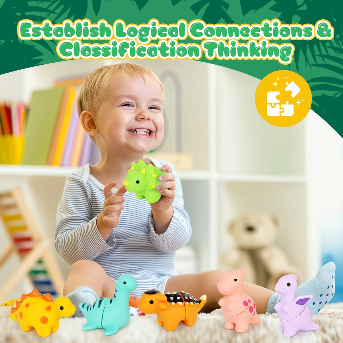 FQKIOMY Dinosaur Toys – Montessori Fine Motor Learning Games, 10-Piece Matching Set for 2-3 Year Olds